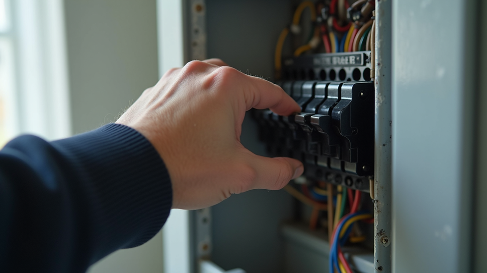 Close-up view of an electrician’s hand testing a circuit breaker in a home electrical panel
