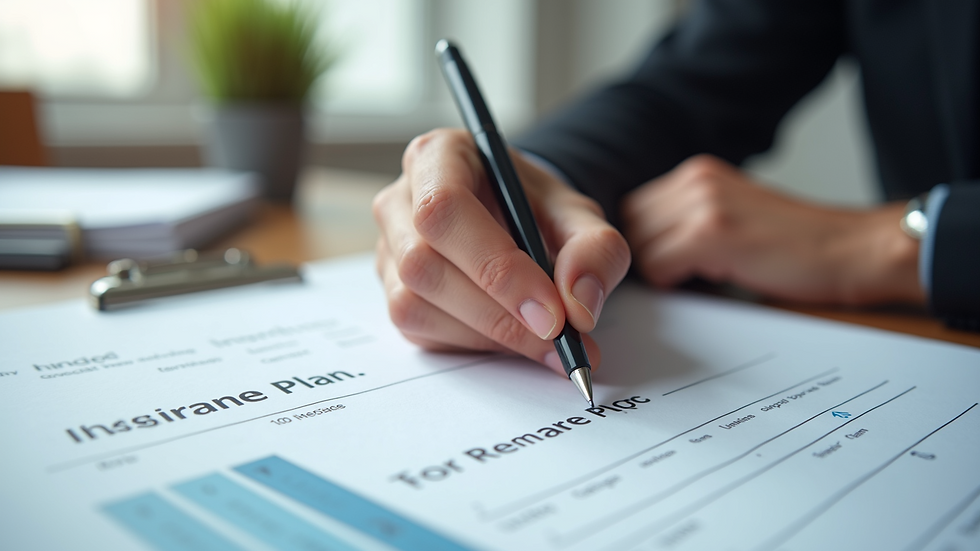 Close-up view of a hand holding a pen over a personalized insurance plan document