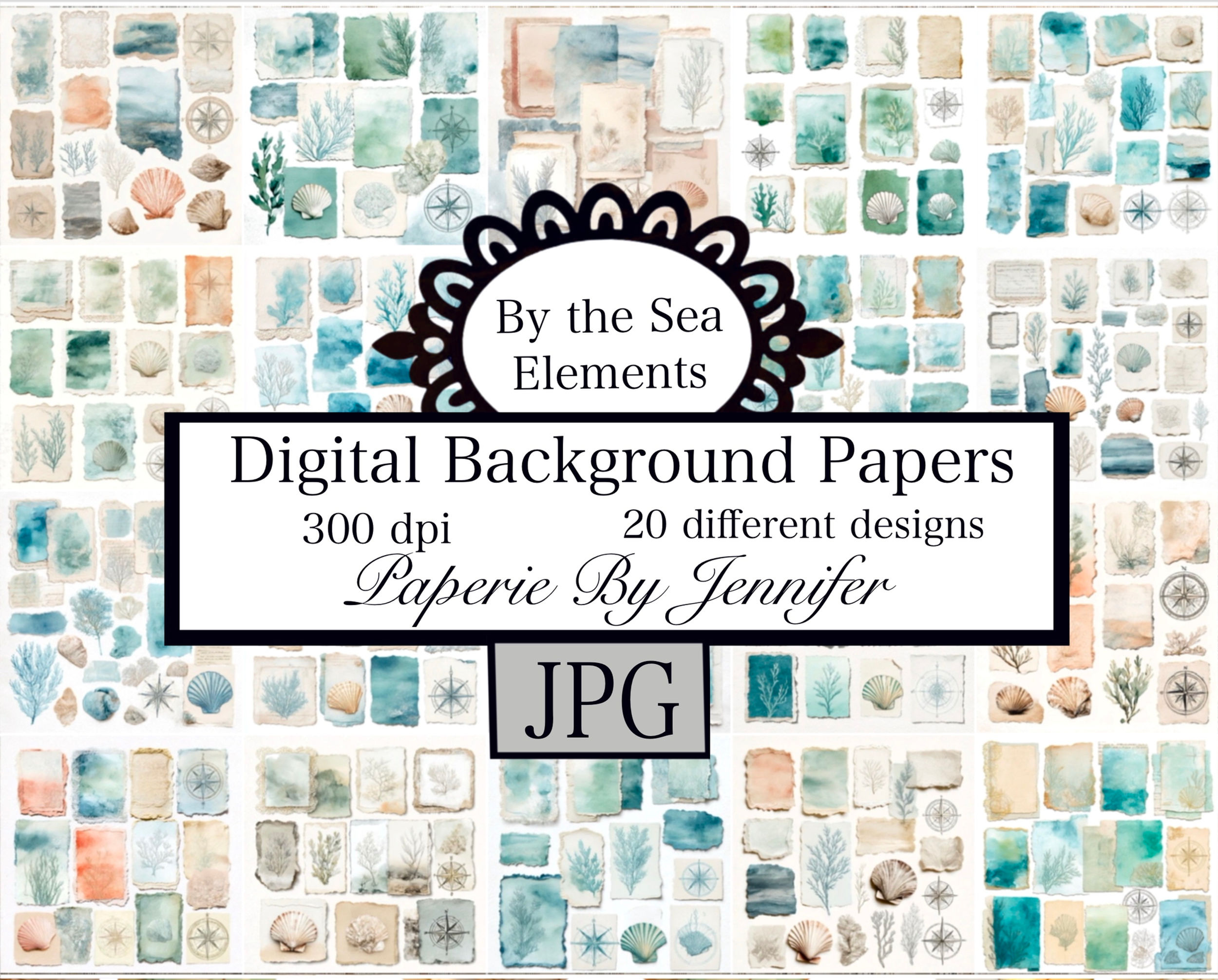 By the Sea Collage Papers Backgrounds 20 Designs Instant Download Distressed JPG