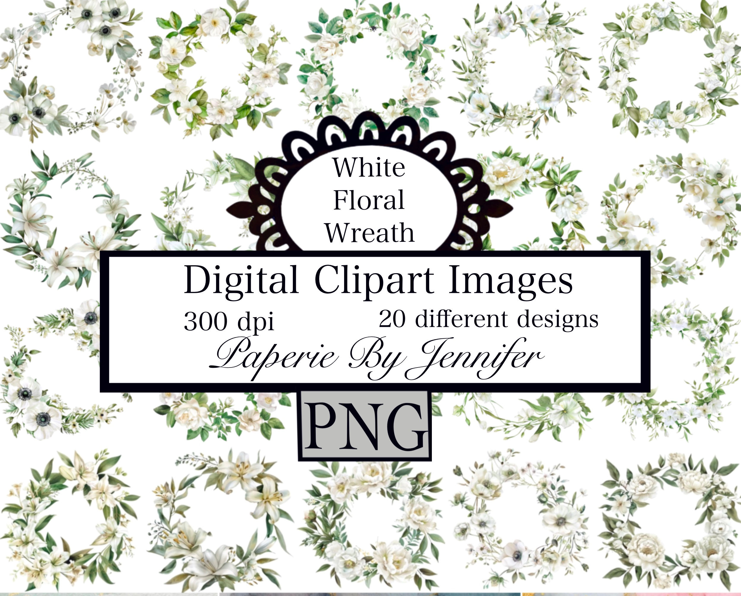 White Wreath Clipart Images 20 Instant Download Flowers Sublimation PNG
