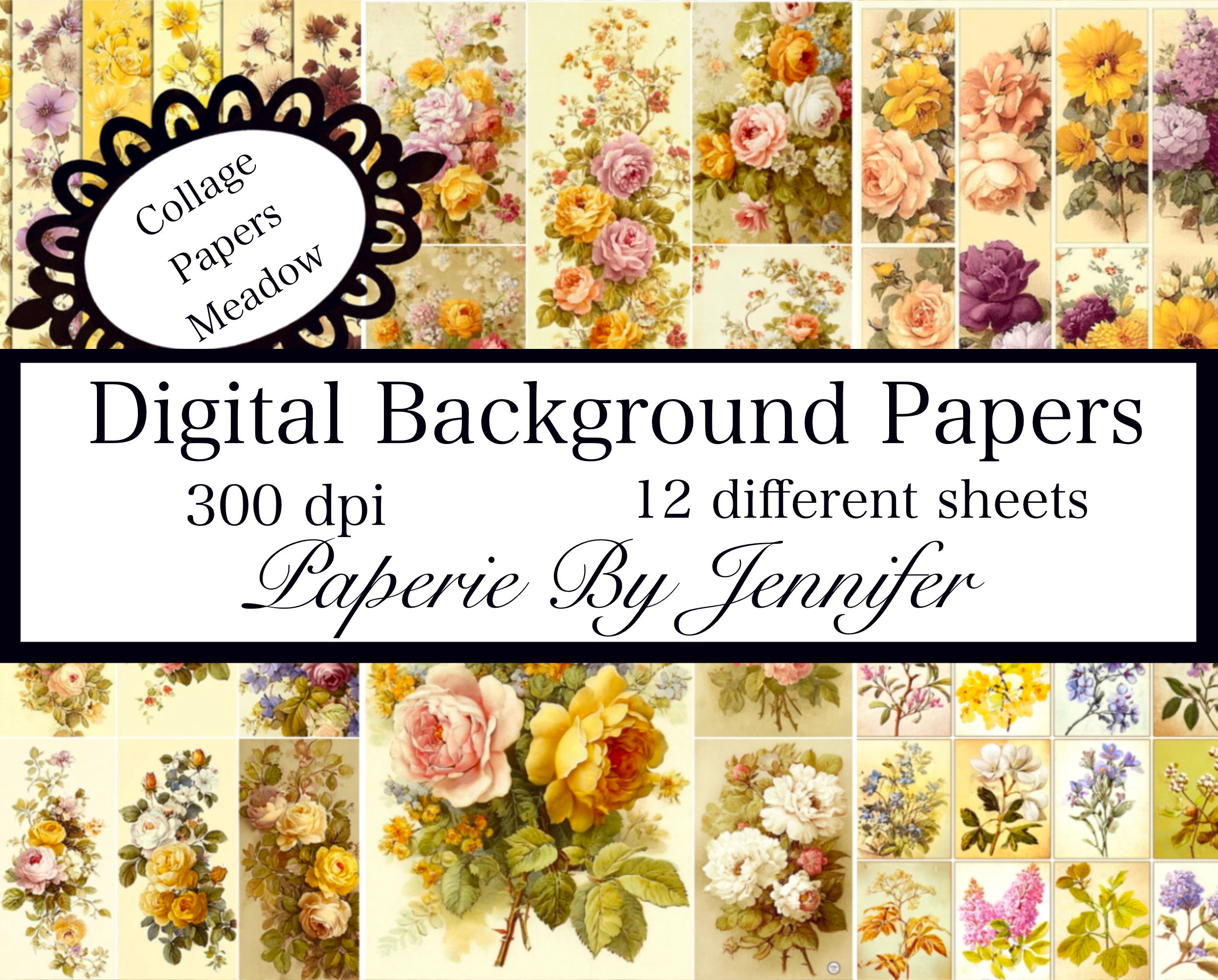Floral Collage Papers Meadow Images 12 Sheets Instant Download Designs