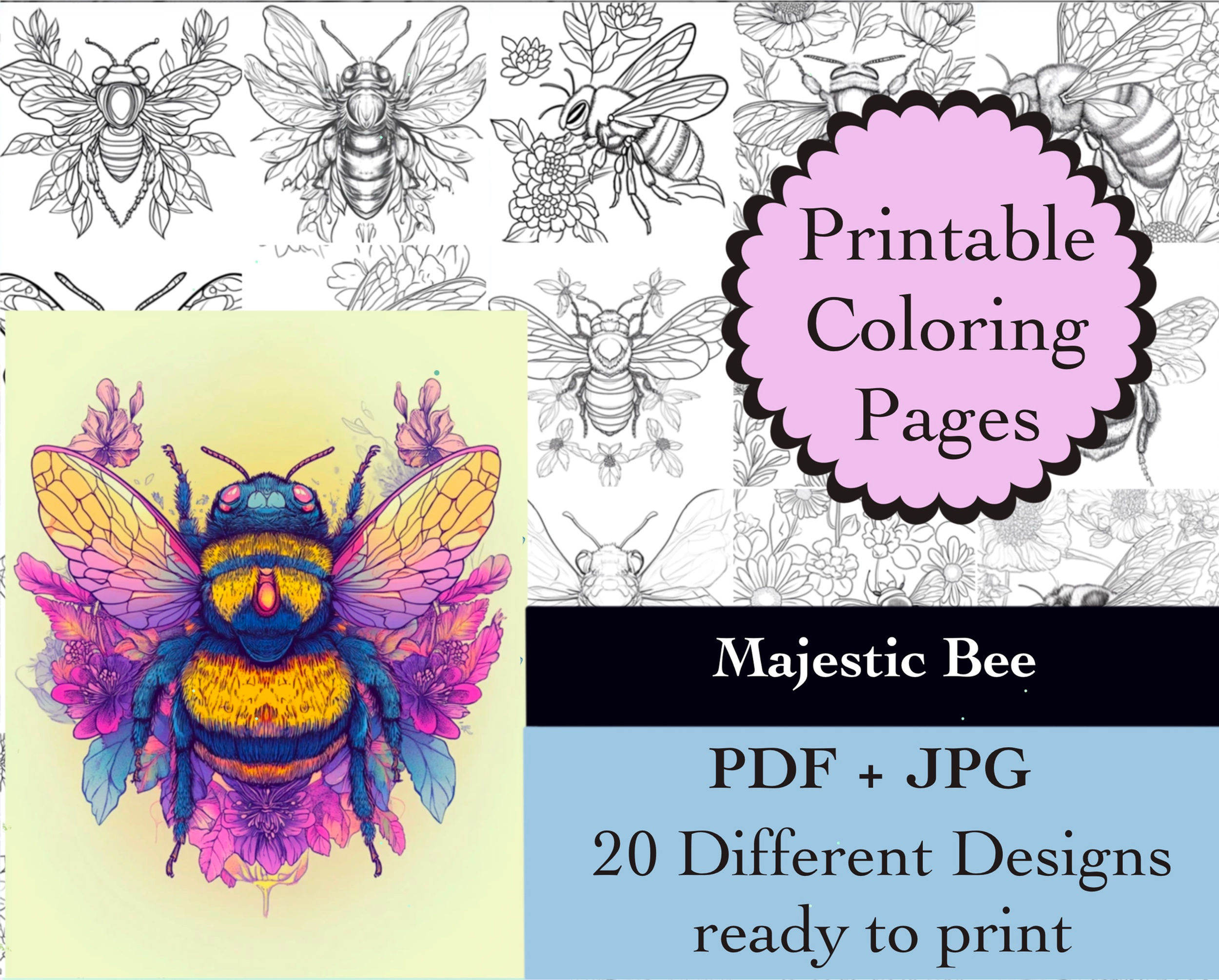 Bee Coloring Book 20 Pages Instant Download