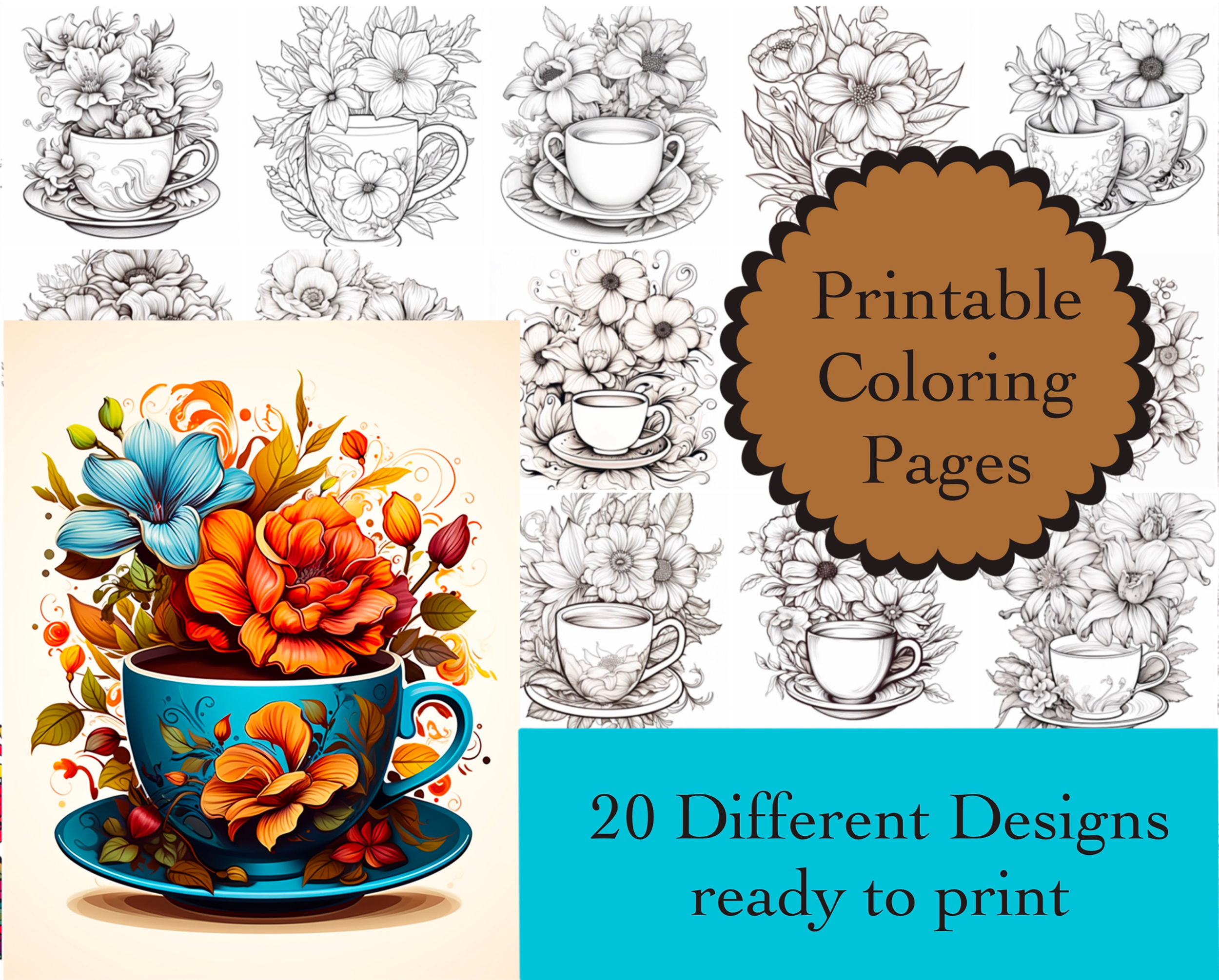 Tea Cup Coloring Book 20 Pages Instant Download