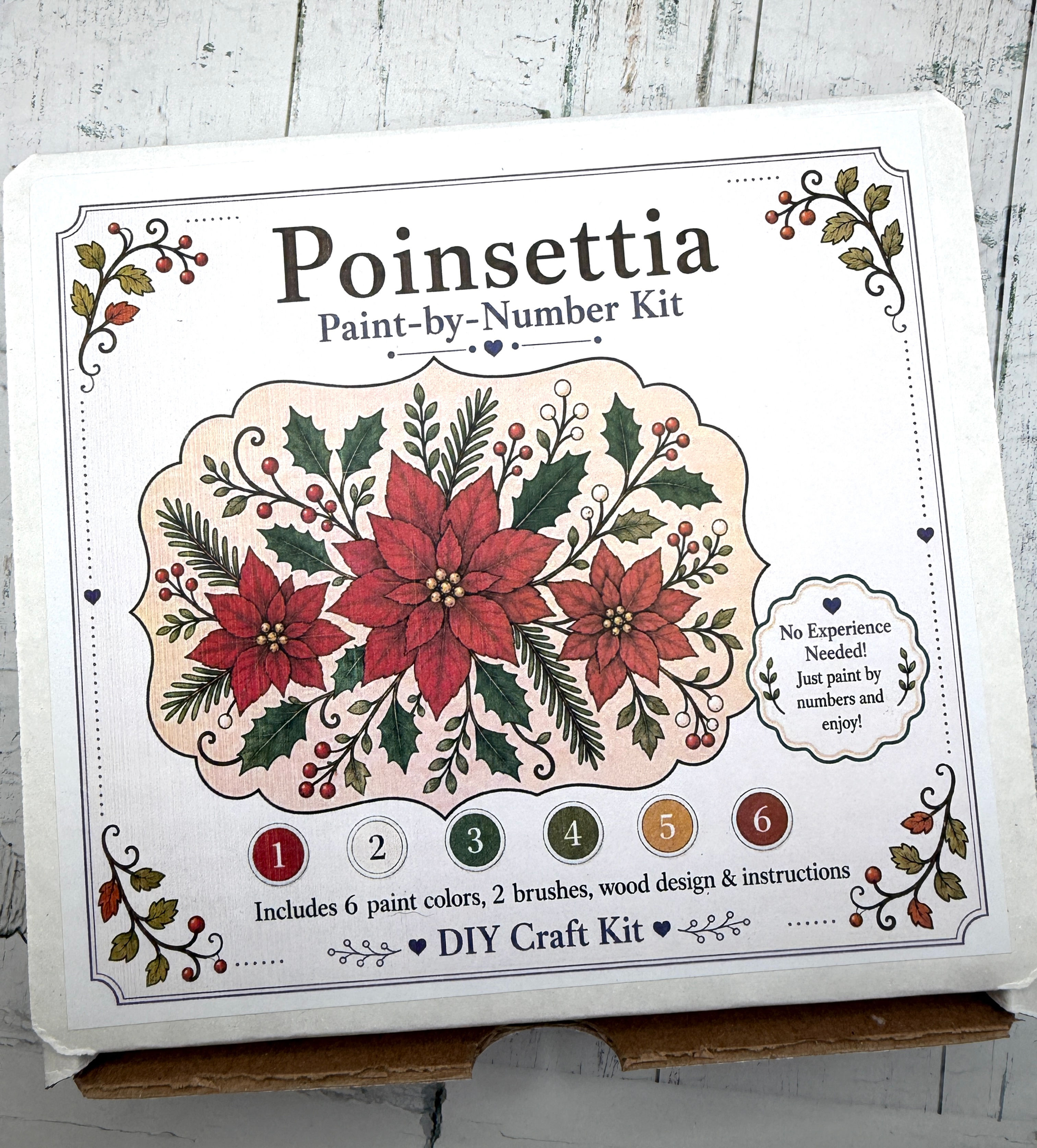 1 DIY Poinsettia Paint Kit - Basswood Craft Set Paint by Number 5 Inch Adult