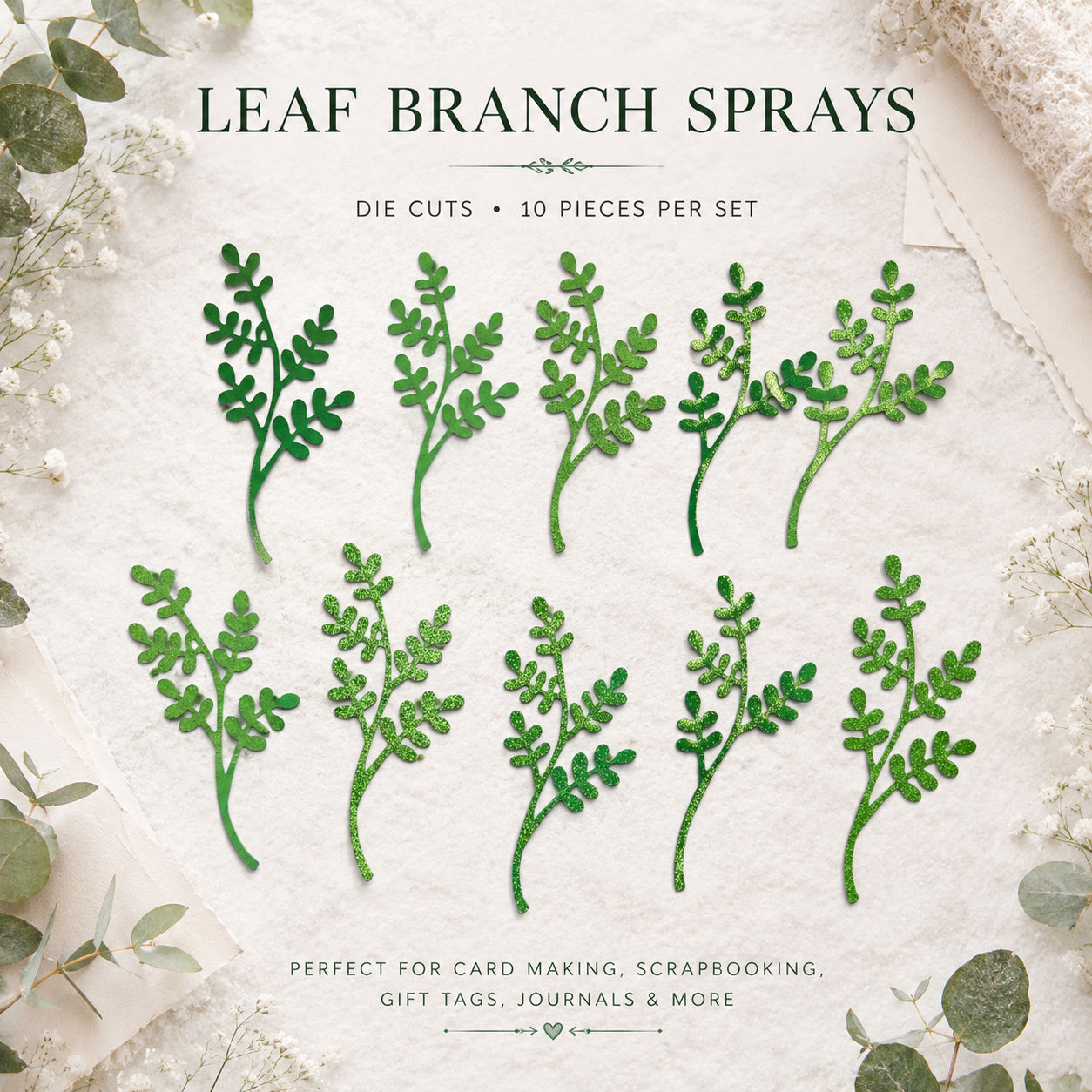 Tall Leaf Branch Spray Die Cuts: 10 Pieces Greenery Mixed Media Card Embellishme