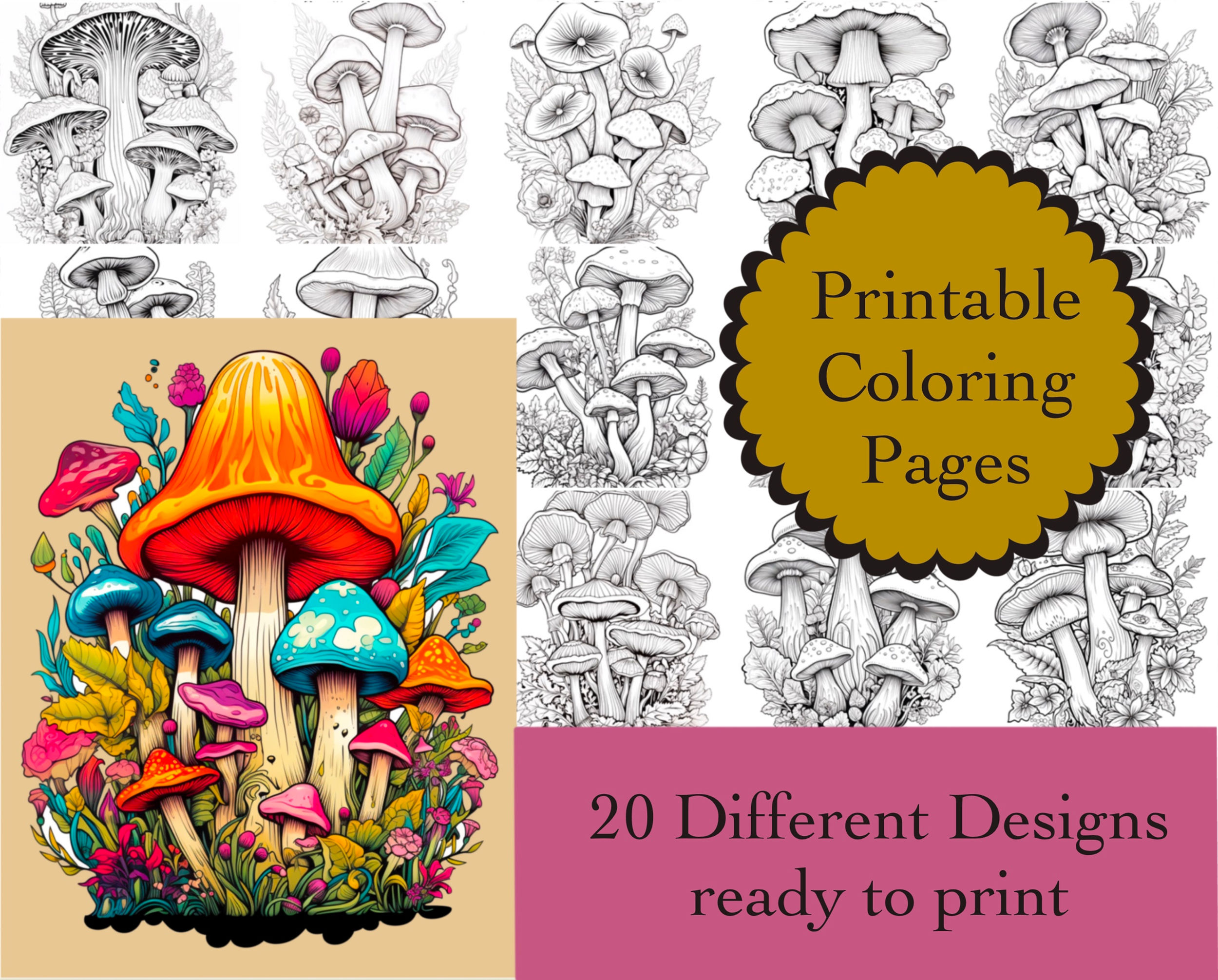 Mushrooms Coloring Book 20 Pages Instant Download