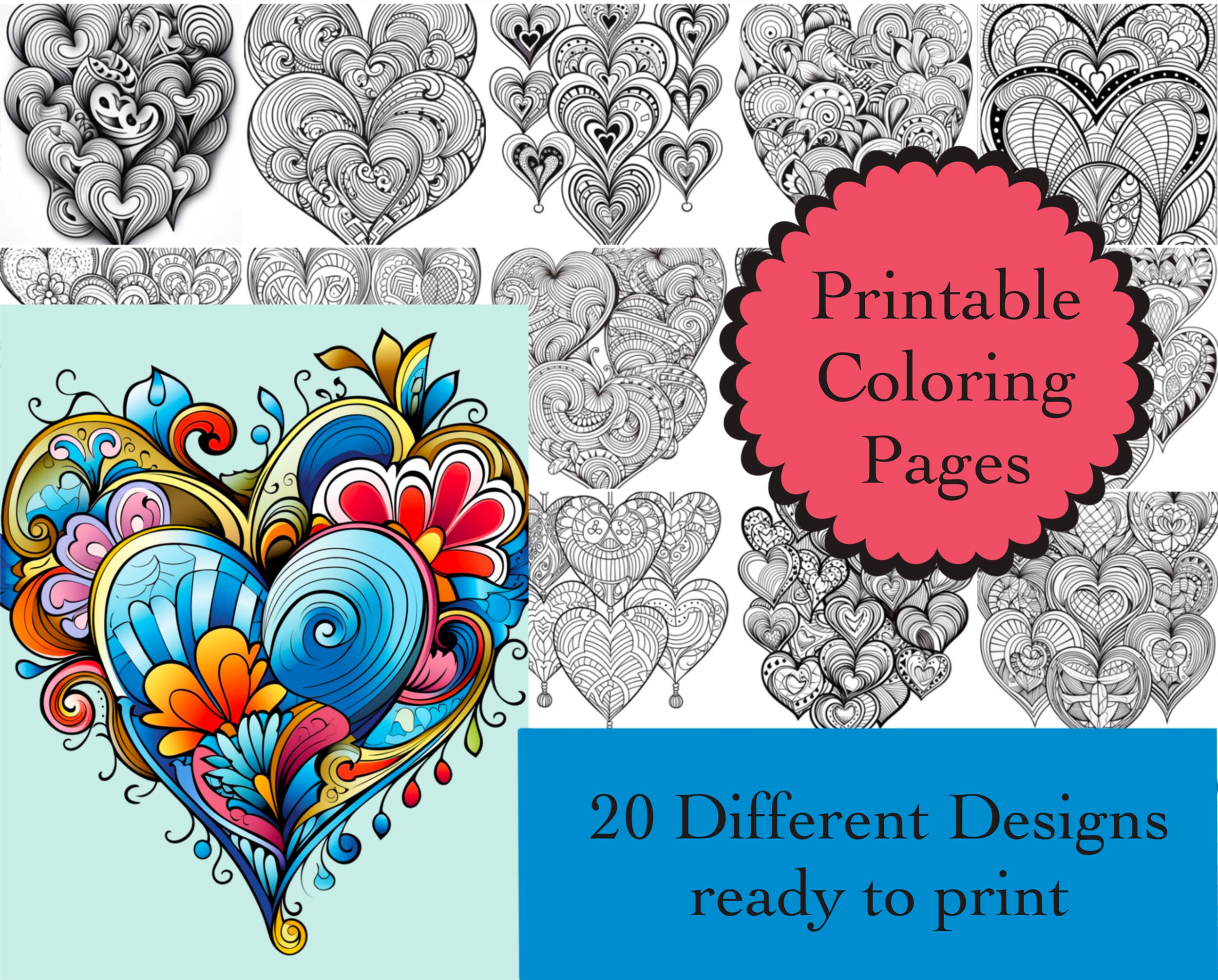 Zen Hearts Coloring Book 20 Pages Instant Download