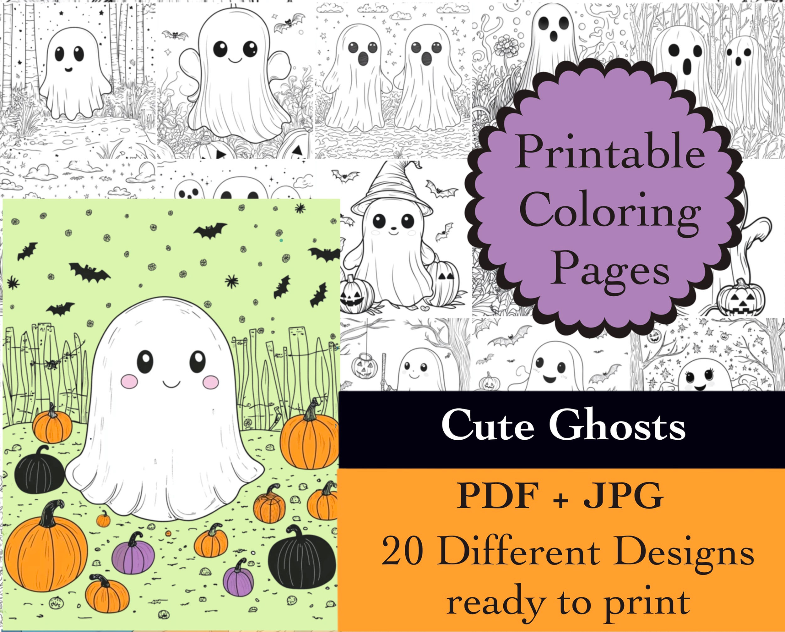 Cute Ghosts Coloring Book 20 Pages Instant Download