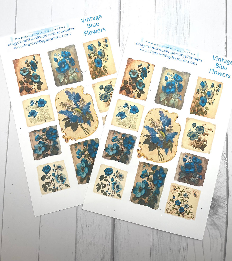 Art Stickers Vintage Blue Flowers 2 Sheets 22 Stickers Planner Journal