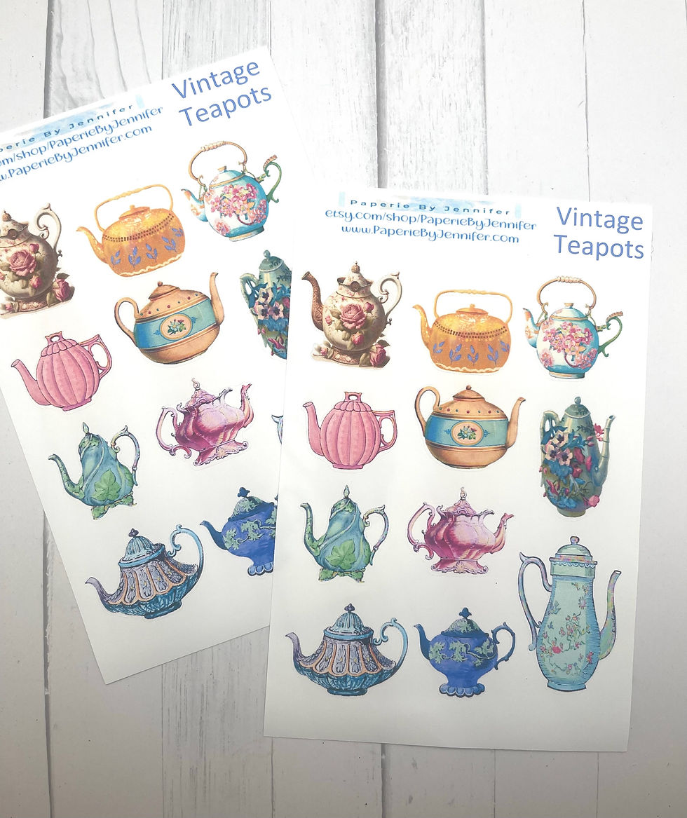 Art Stickers Vintage Teapots 2 Sheets 24 Stickers Journal Embellishments