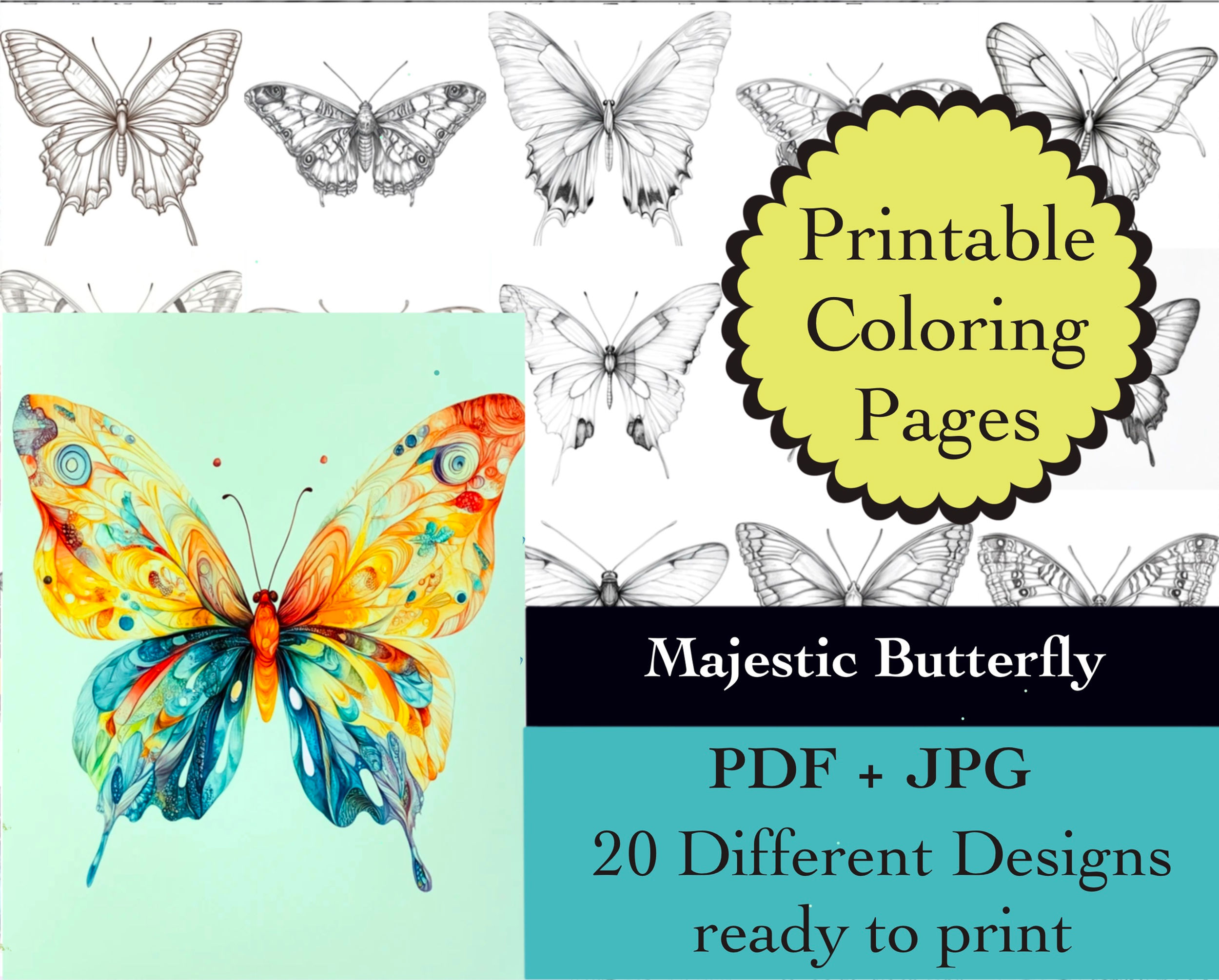 Majestic Butterfly Coloring Book 20 Pages Instant Download