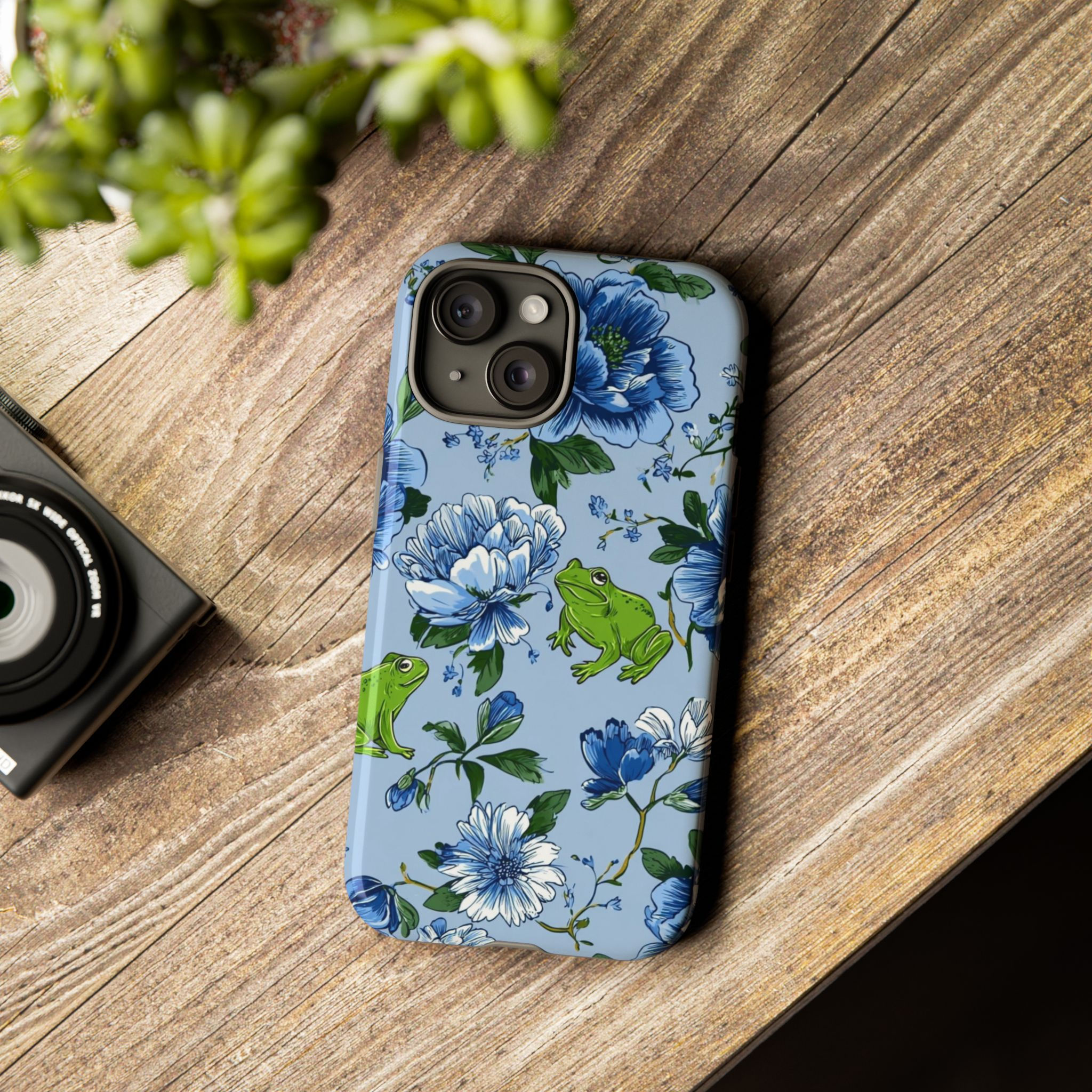 iPhone 15 16 Case Blue Floral Frolic With Froggies
