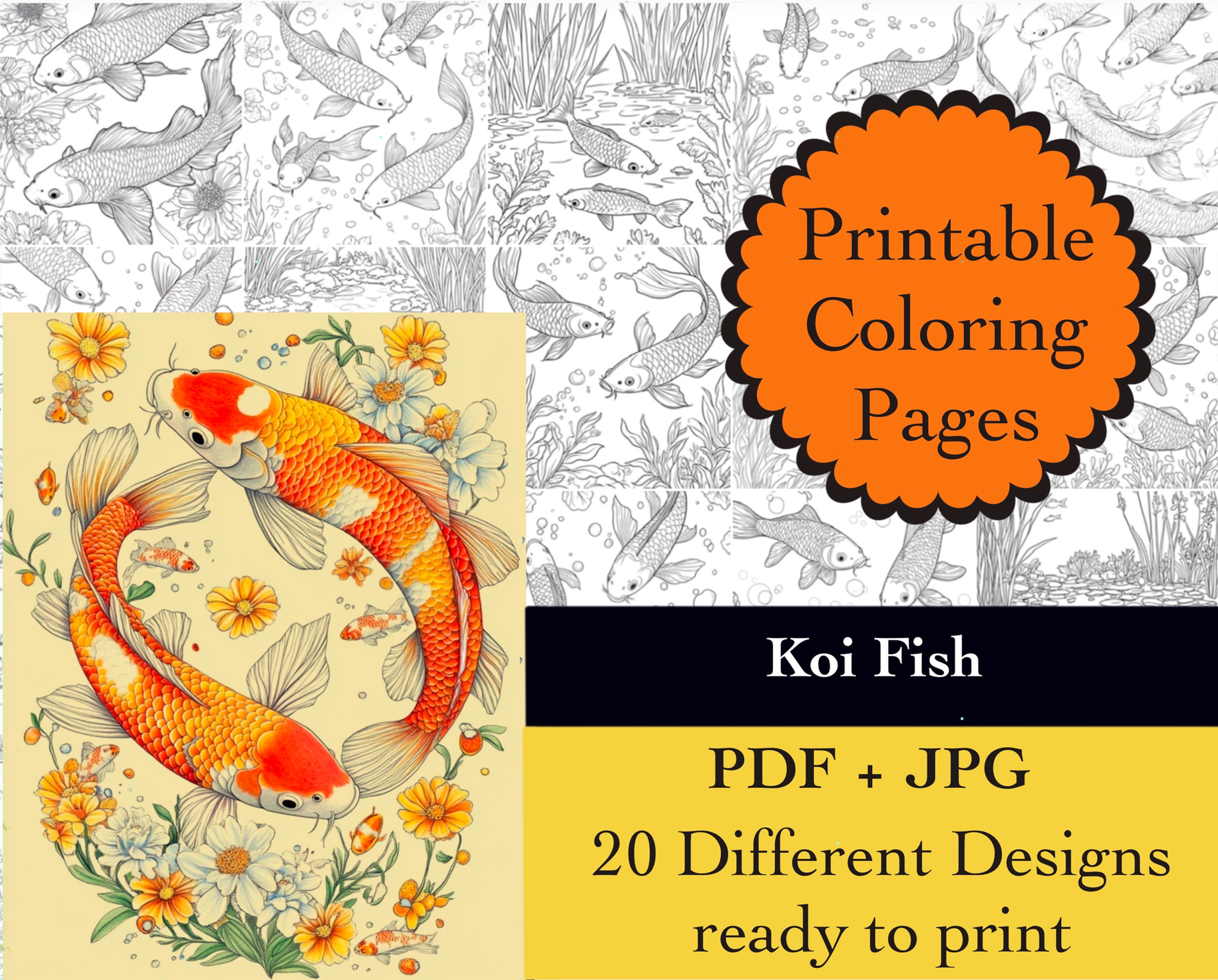 Koi Fish Coloring Book 20 Pages Instant Download