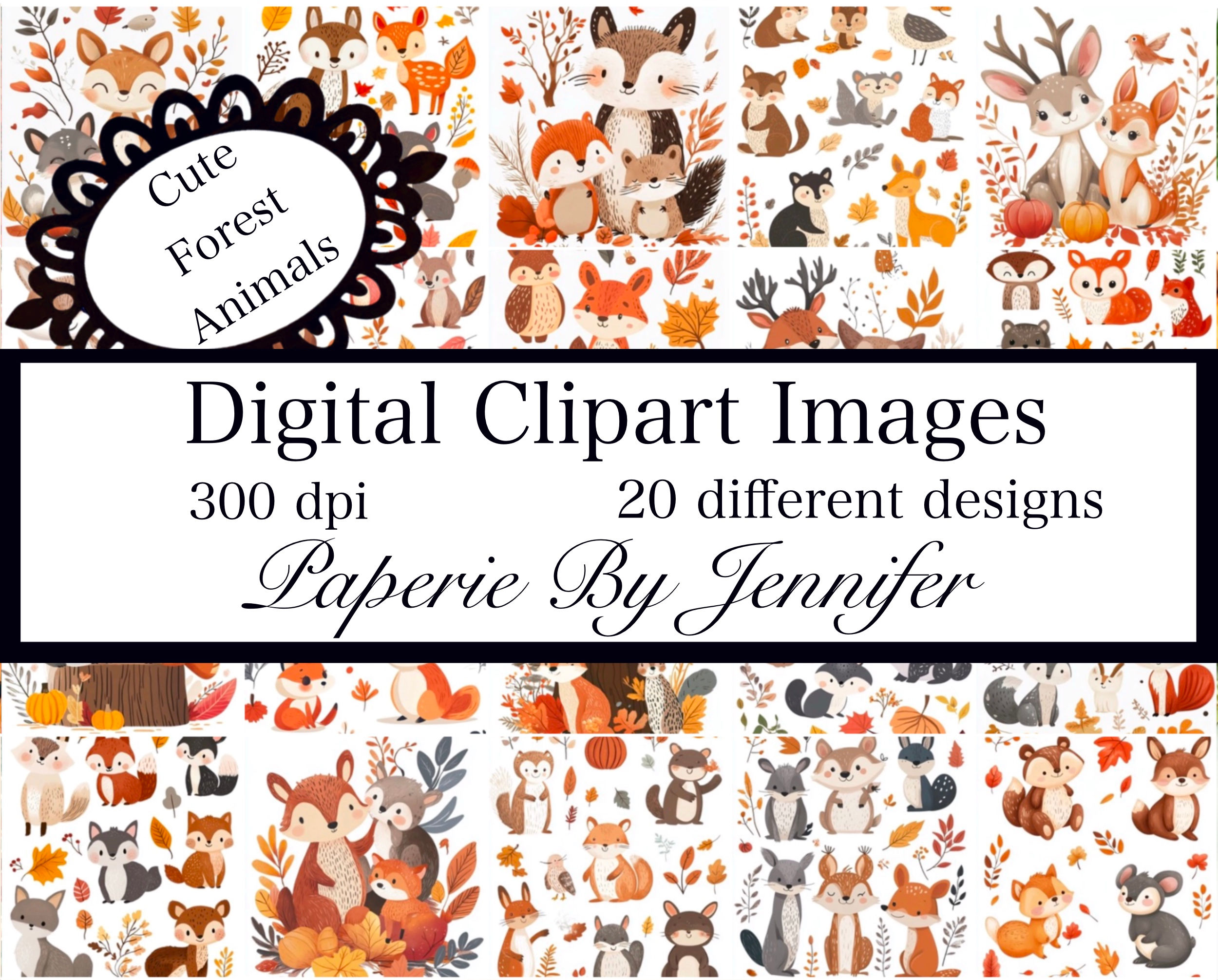 Cute Forest Animal Clipart DIGITAL 20 Card Background Printable