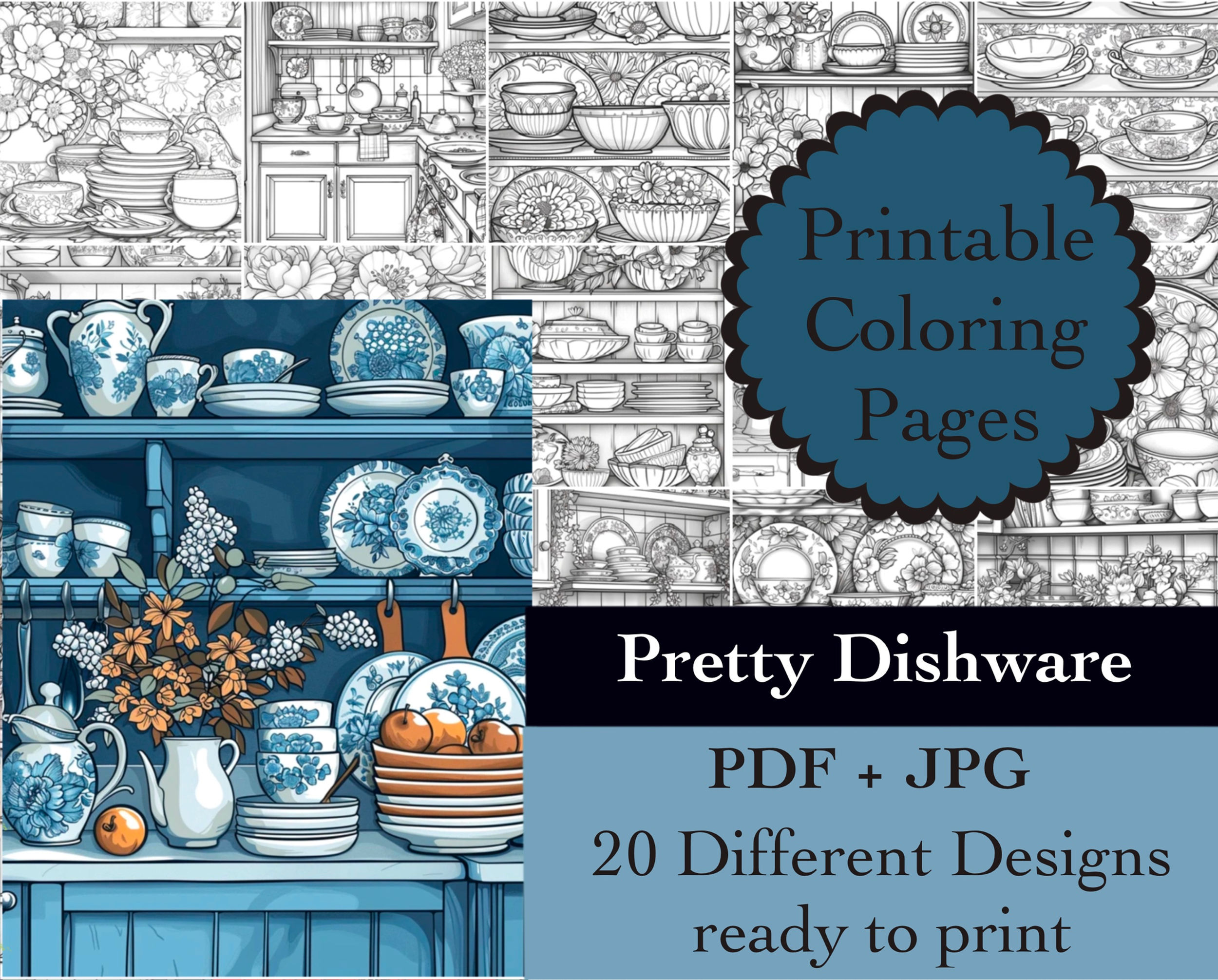 Pretty Dishes Coloring Book 20 Coloring Pages Instant Download Star Sc