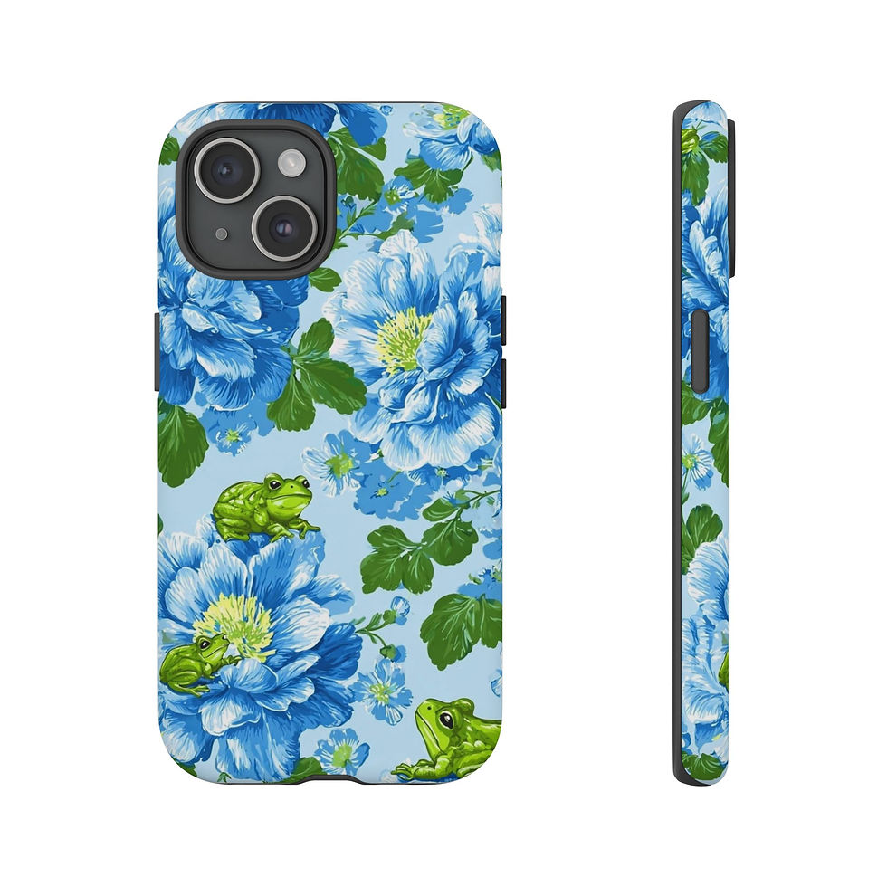 Thumbnail: iPhone 15 16 Case Blue Peonies and Frogs in Blue