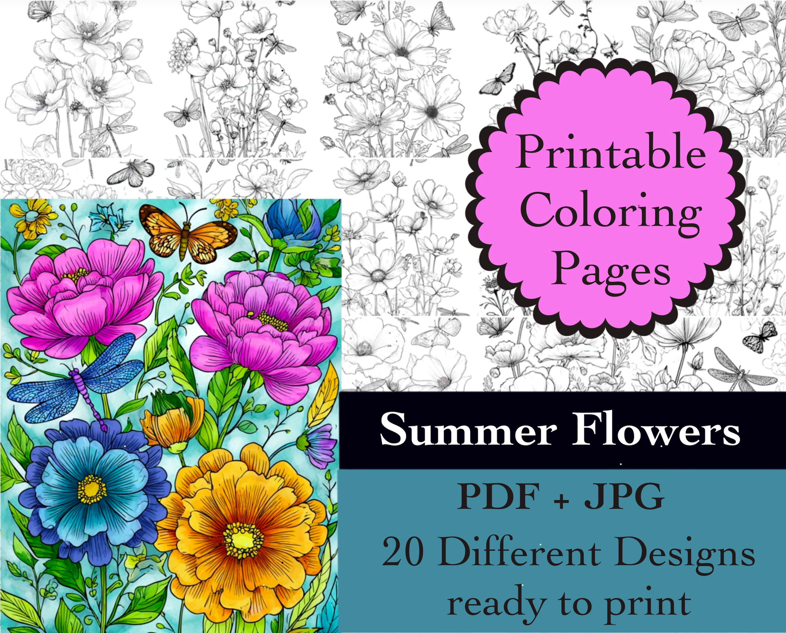 Summer Flowers Coloring Book 20 Pages Instant Download