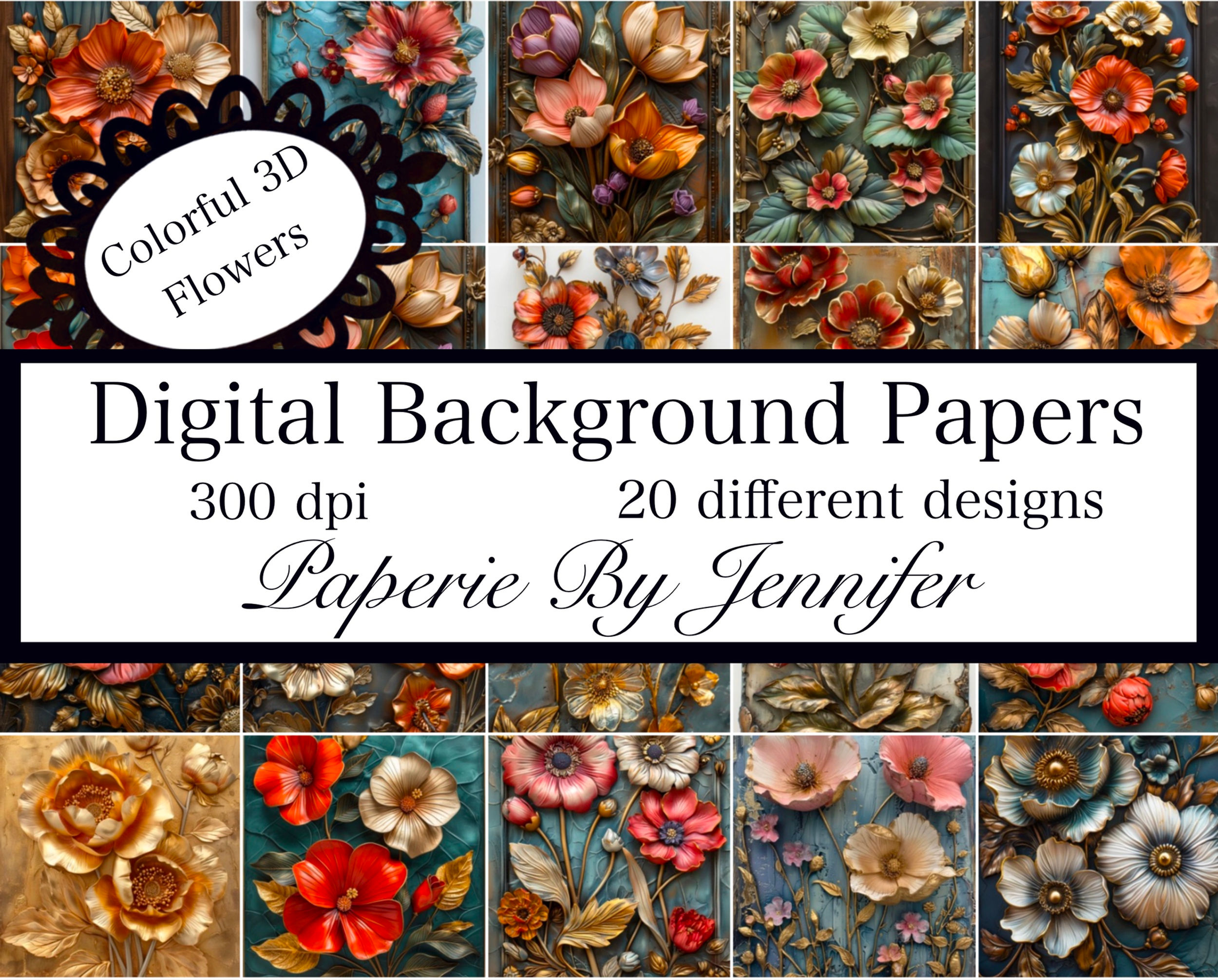 Colored 3D Flower 20 Designs Instant Download Distressed Ca