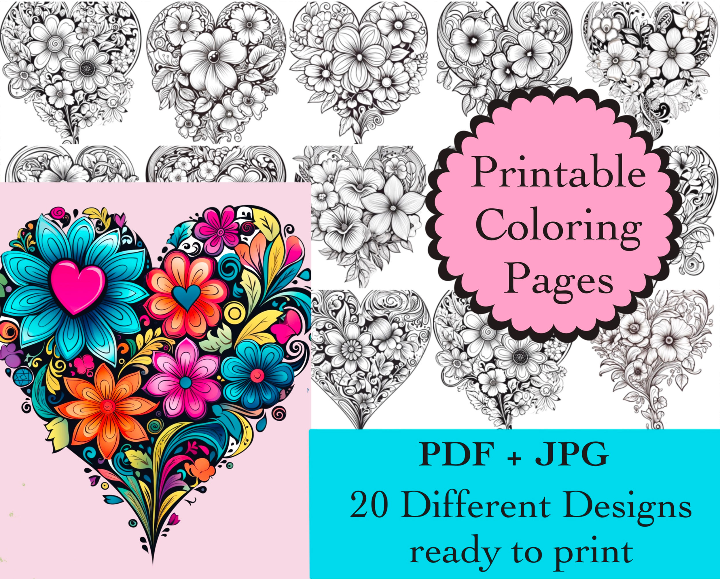Floral Heart Coloring Book 20 Coloring Pages Instant Download