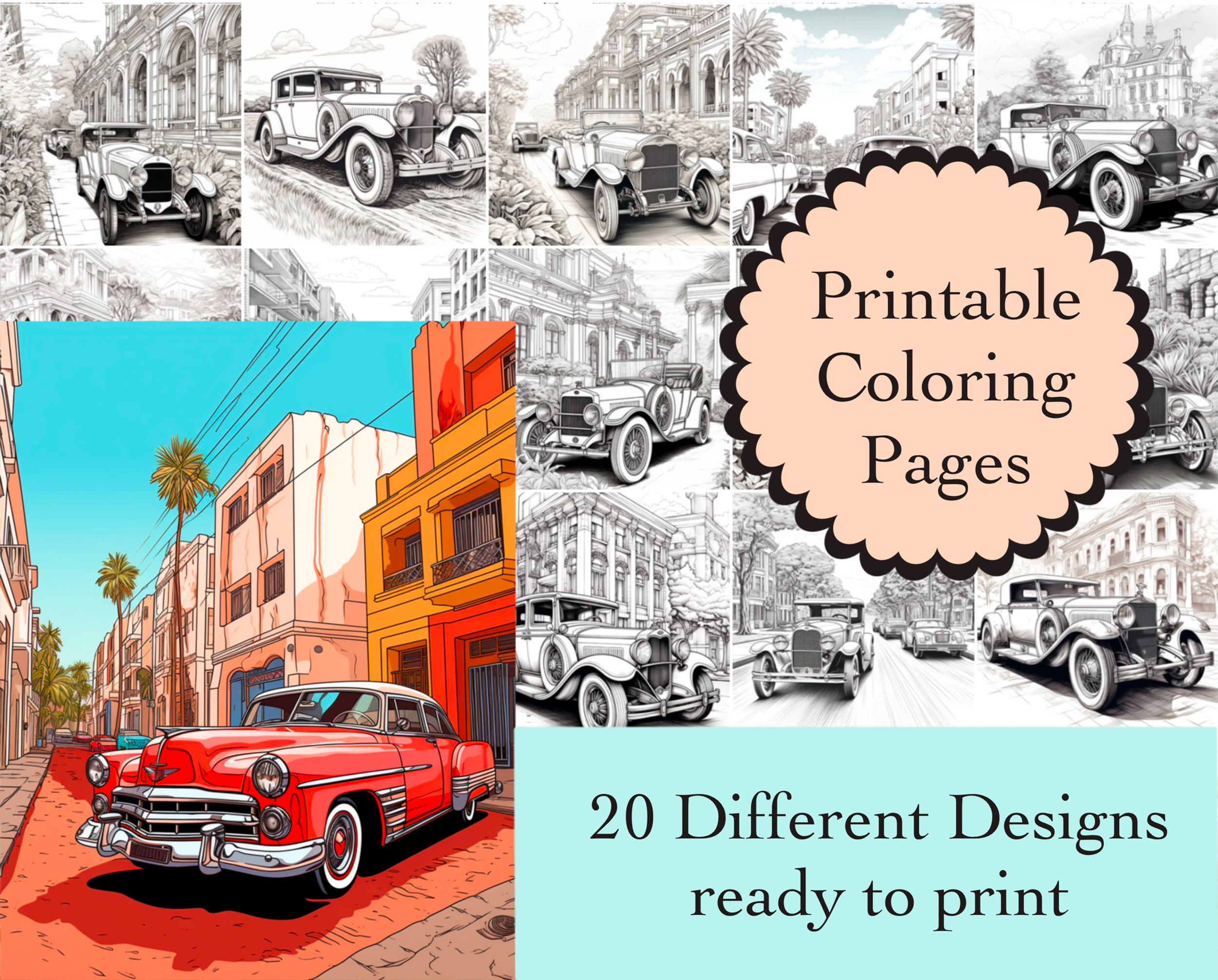 Vintage Cars Coloring Book 20 Pages Instant Download