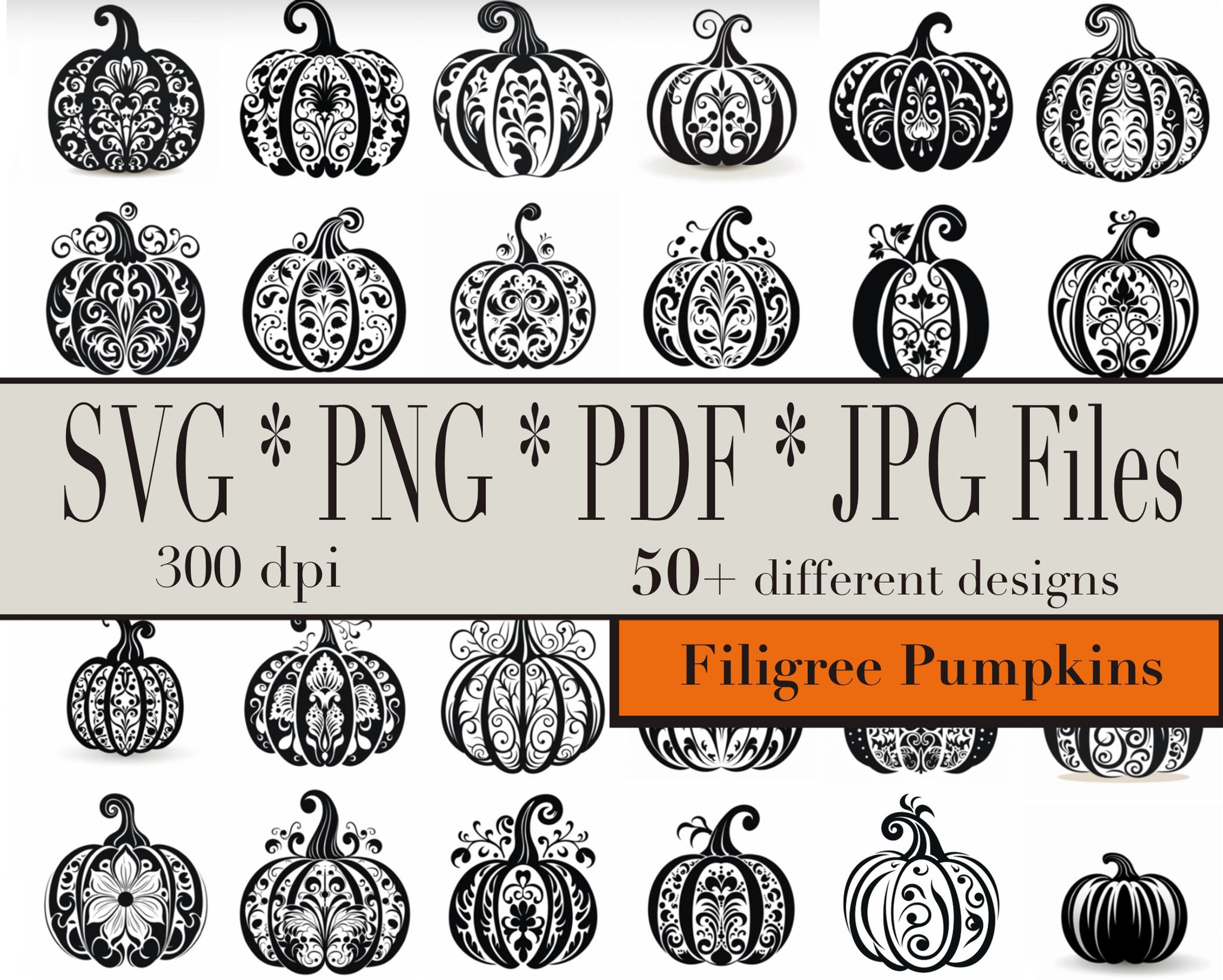 Pumpkins Line Art 50+ Instant Download SVG PNG JPG Cut File Bundle Black Li