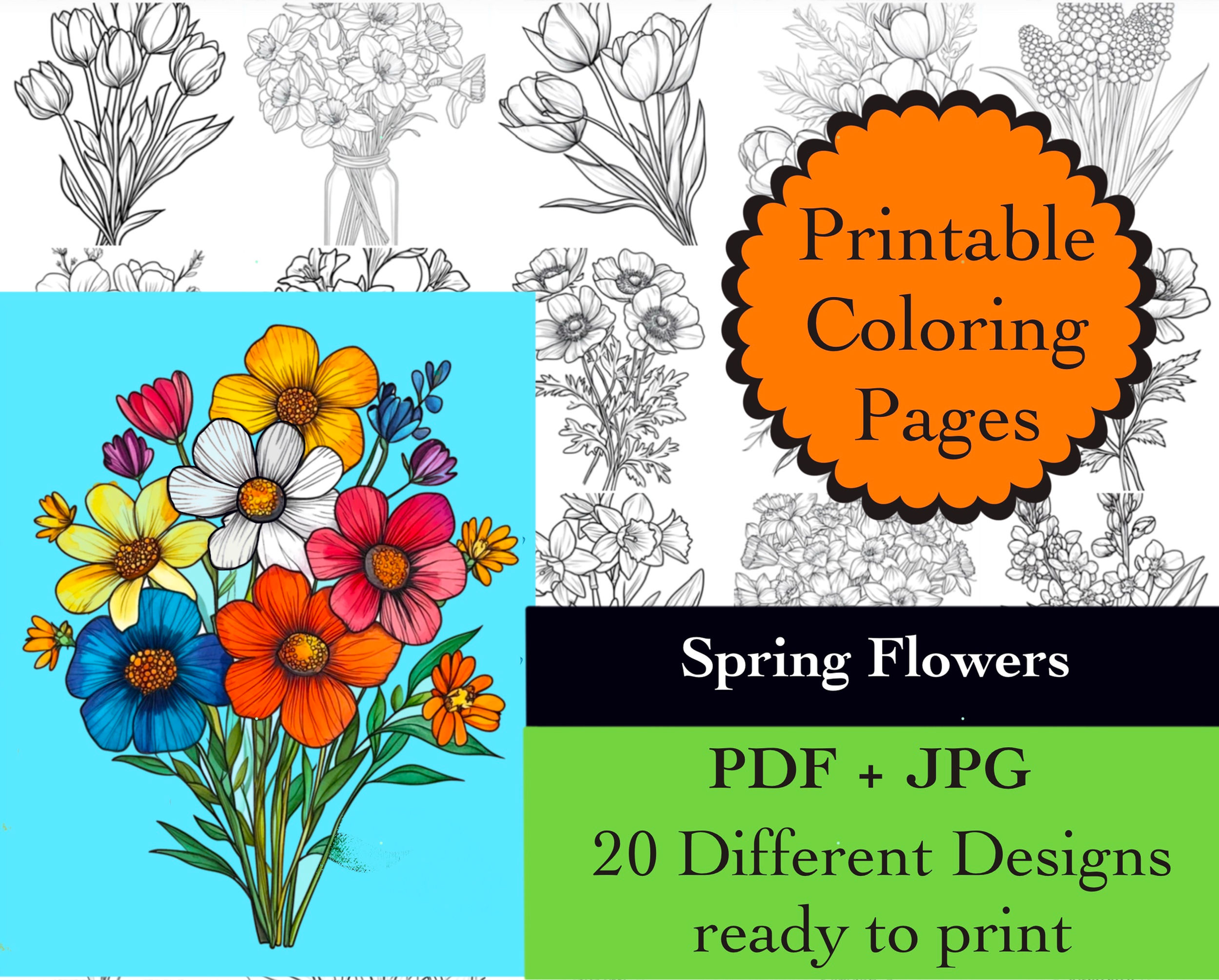 Spring Flowers Coloring Book 20 Pages Instant Download