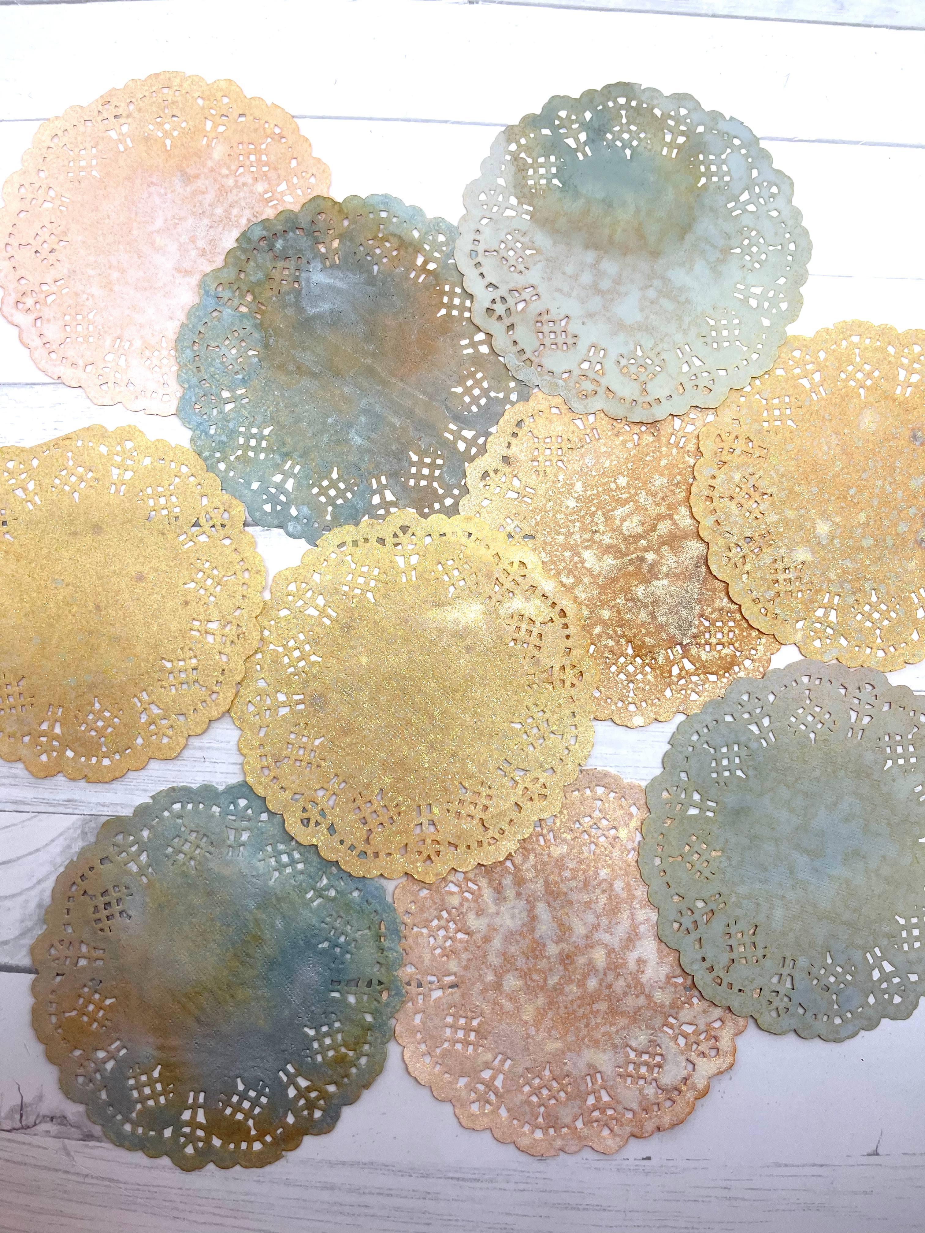 Dyed Vintage Style Ephemera 10 Pc Doilies 3 1/2 inches Tea Dyed Inked