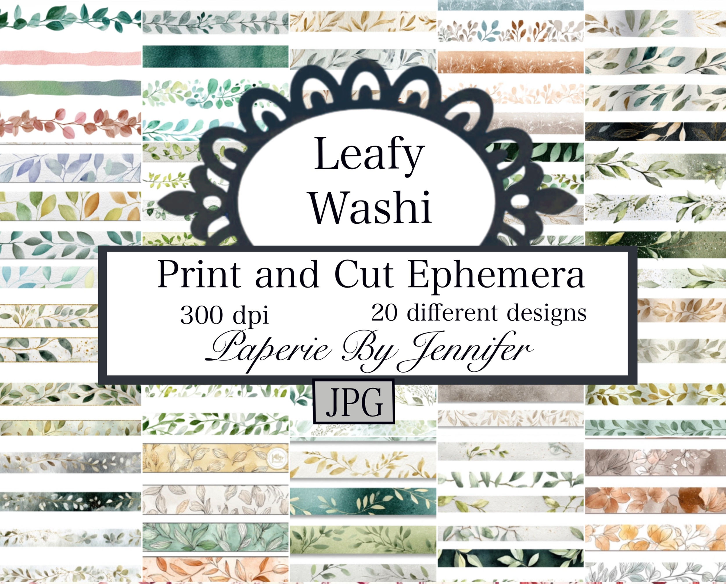 Leafy Washi Strips 20 Sheets Ephemera Instant Download Designs JPG