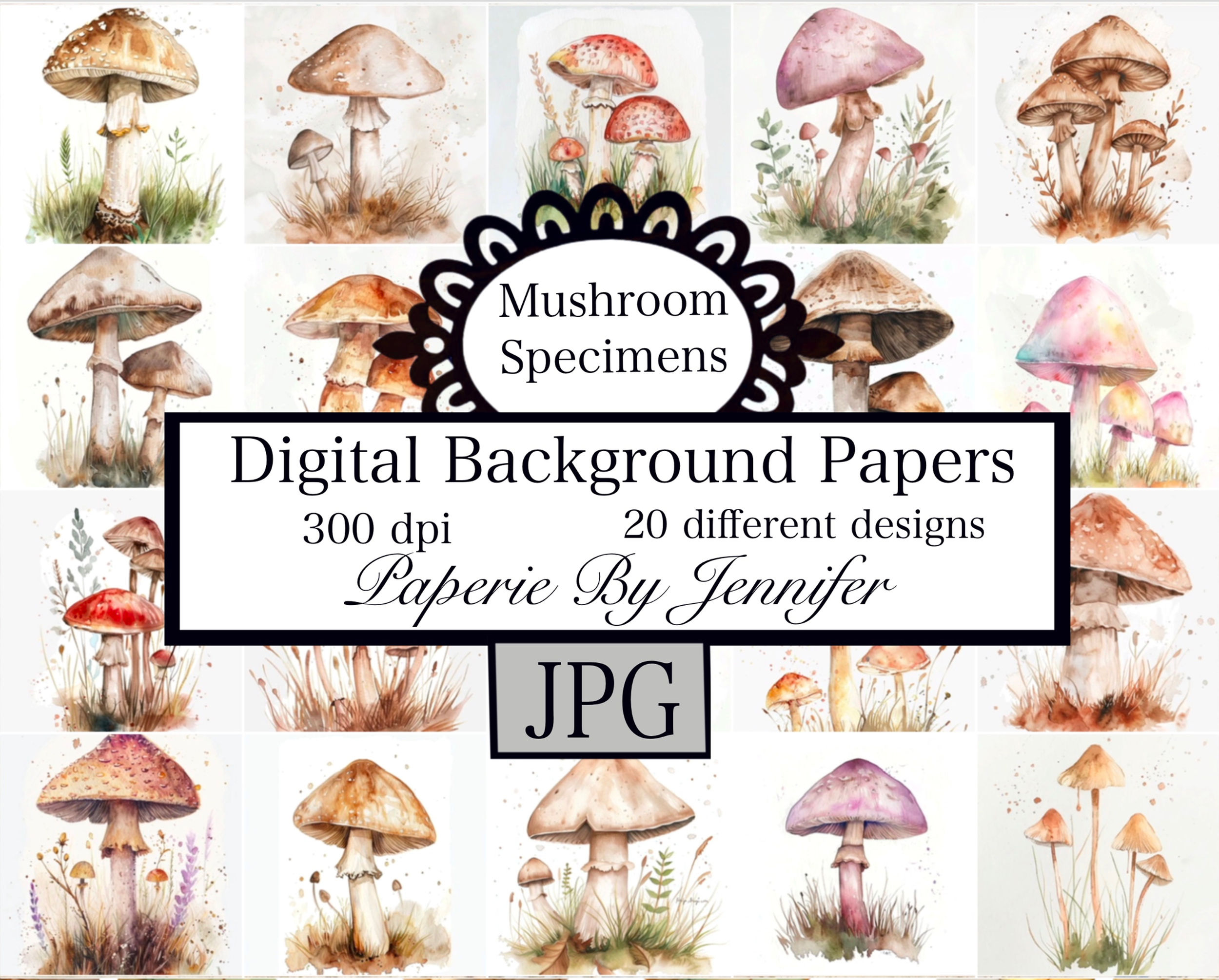 Mushroom Specimens Papers Backgrounds 20 Designs Instant Download Distressed JPG