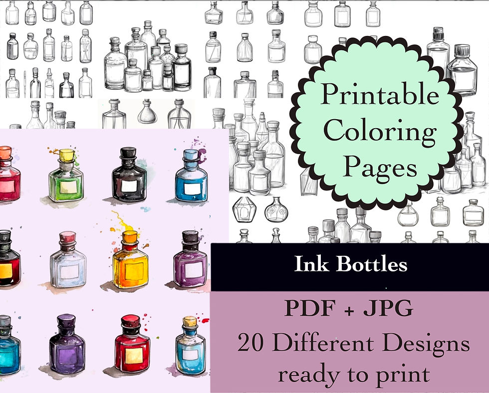 Ink Bottles Coloring Book 20 Pages Instant Download