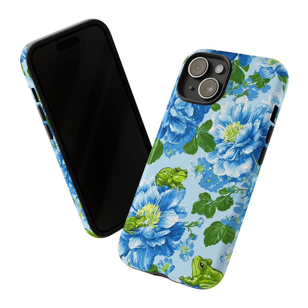 Thumbnail: iPhone 15 16 Case Blue Peonies and Frogs in Blue