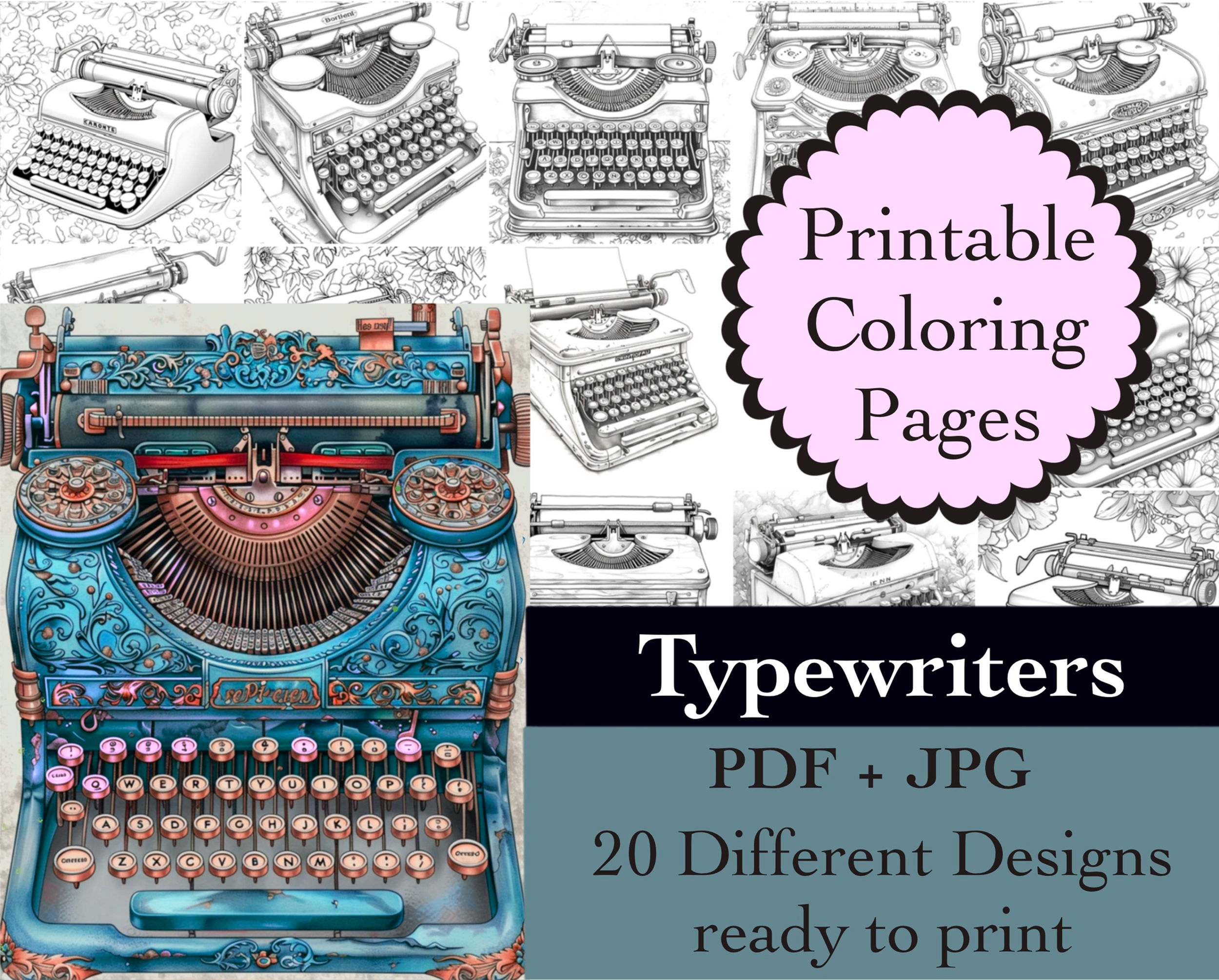 Typewriters Coloring Book 20 Vintage Coloring Pages Instant Download Old Typewri