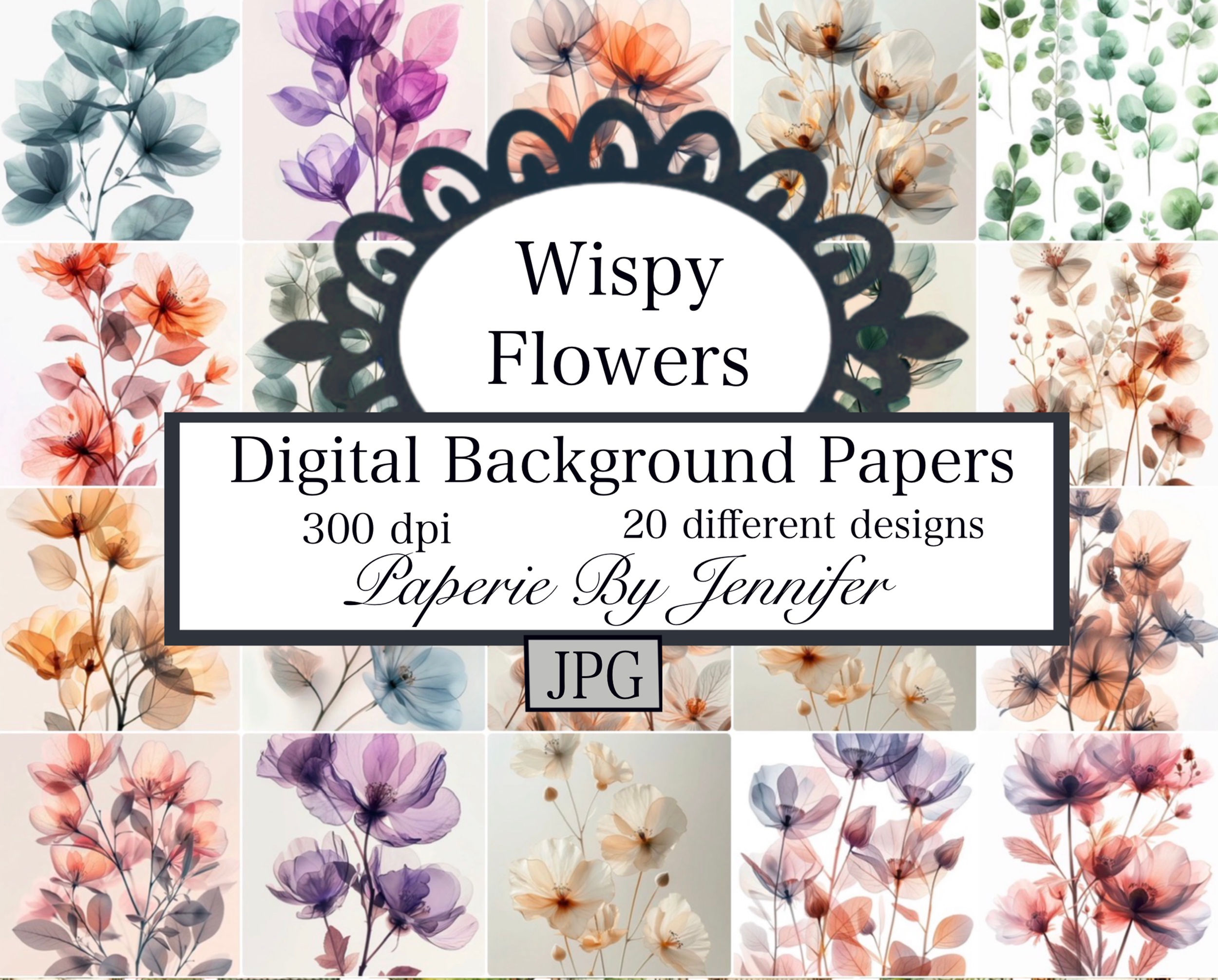 Wispy Flowers Papers Backgrounds 20 Designs Instant Download Dis