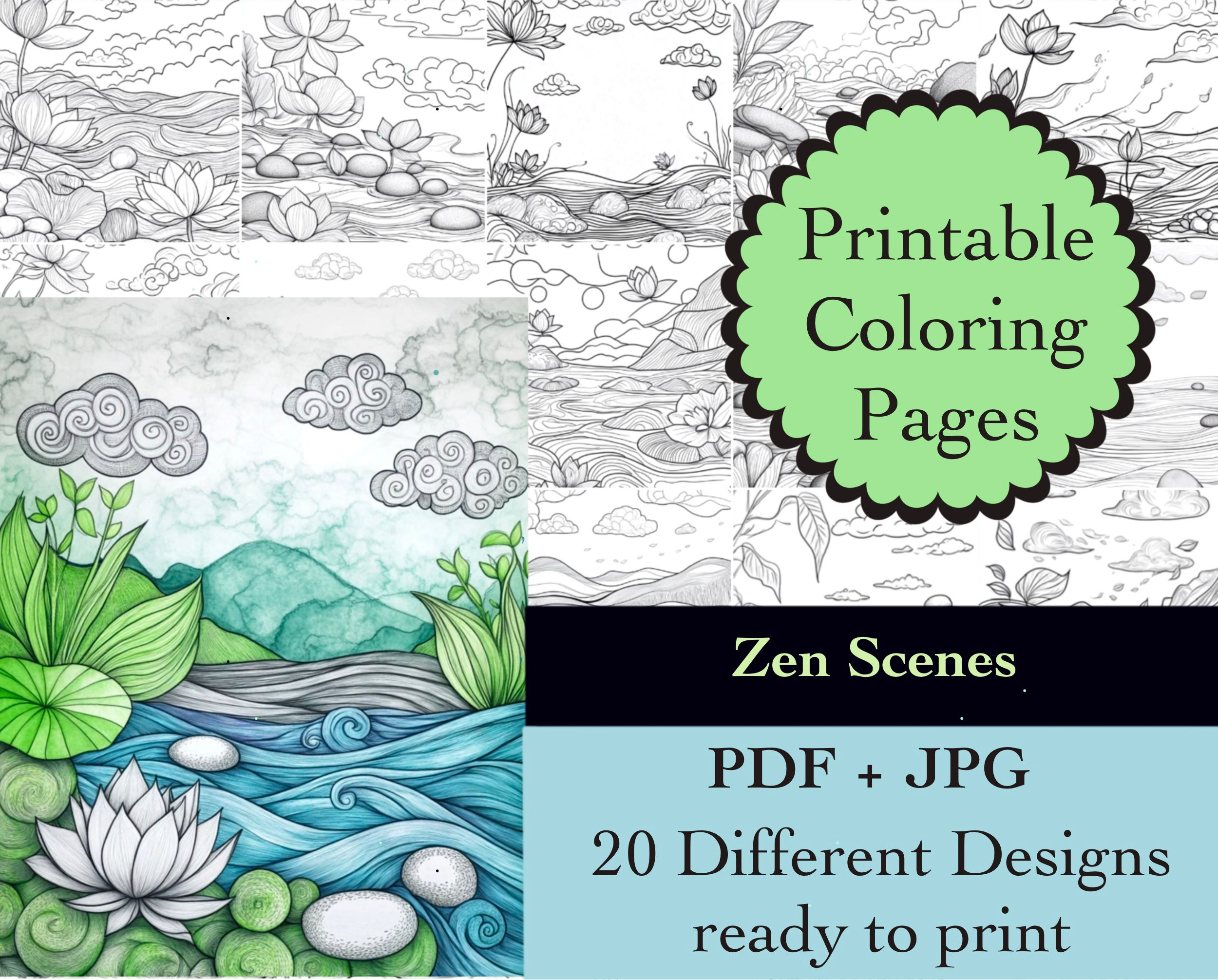 Zen Scene Coloring Book 20 Pages Instant Download