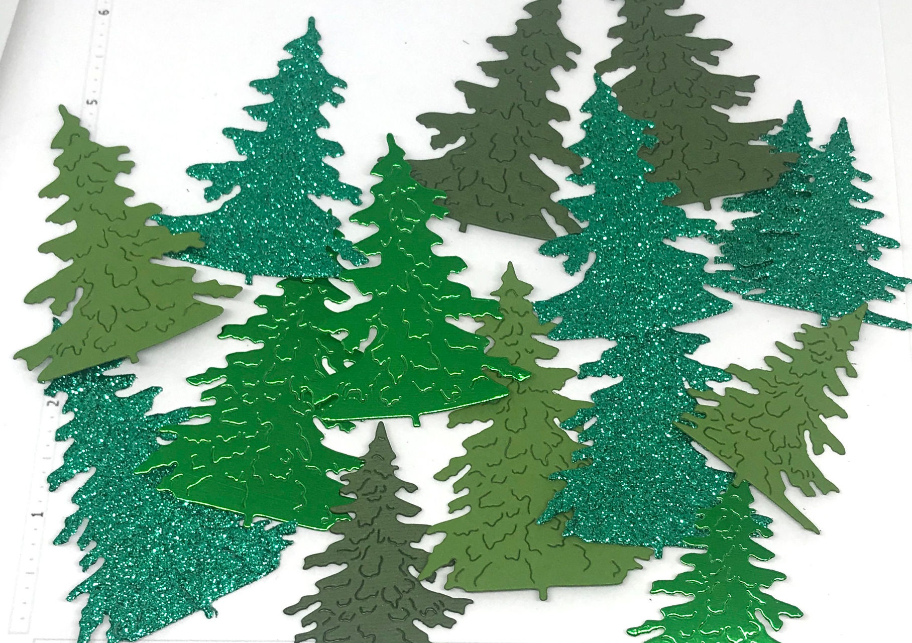 Die Cuts Christmas Pine Trees 15 Pieces Foil Mirror Glitter Basic Cardstock Pin