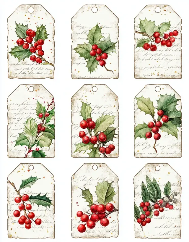 Thumbnail: Festive Berries Tags 12 Sheets Instant Download Designs Junk Ephemera
