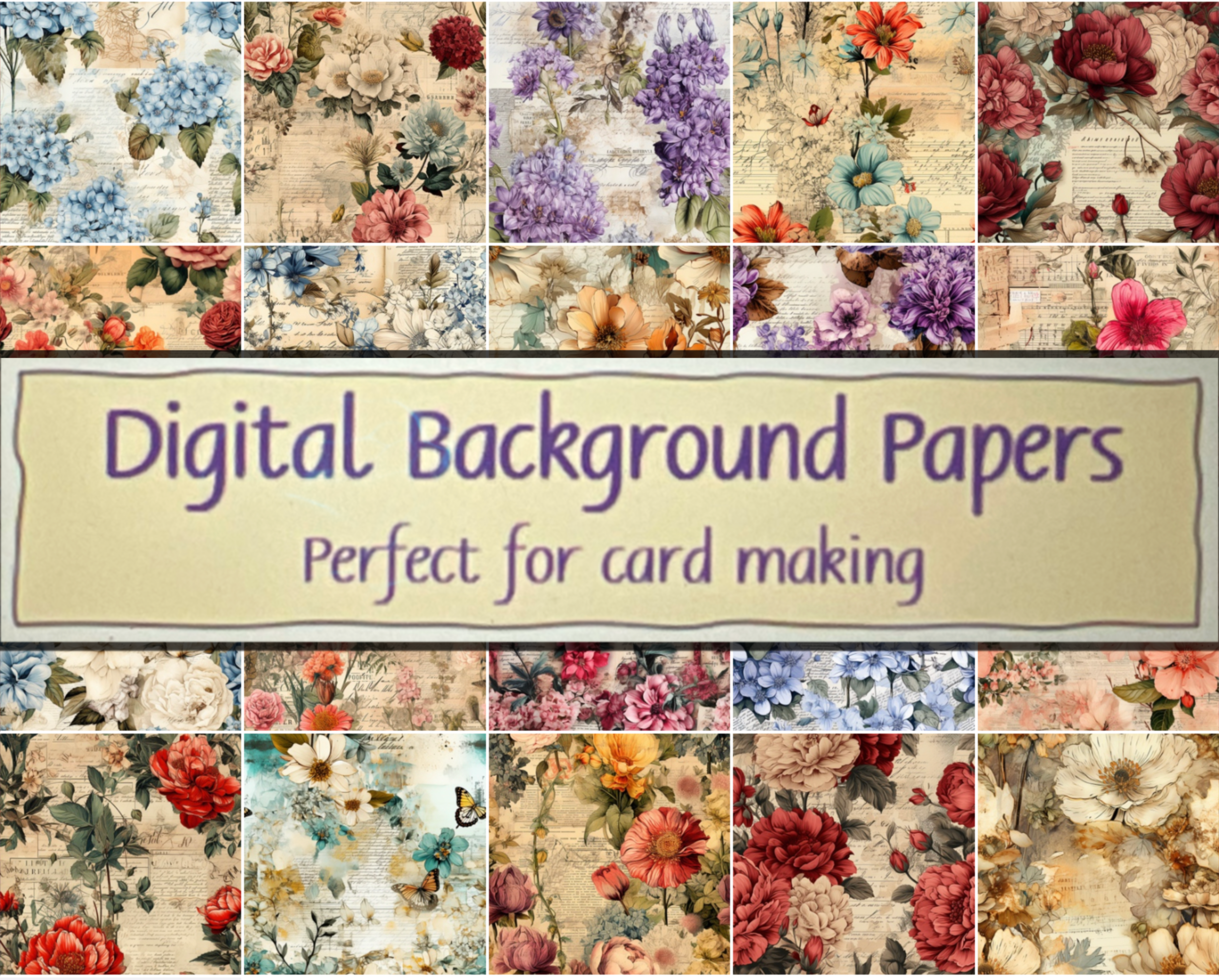 DIGITAL 20 Floral Collage Card Background Printable Scrapbook Papers