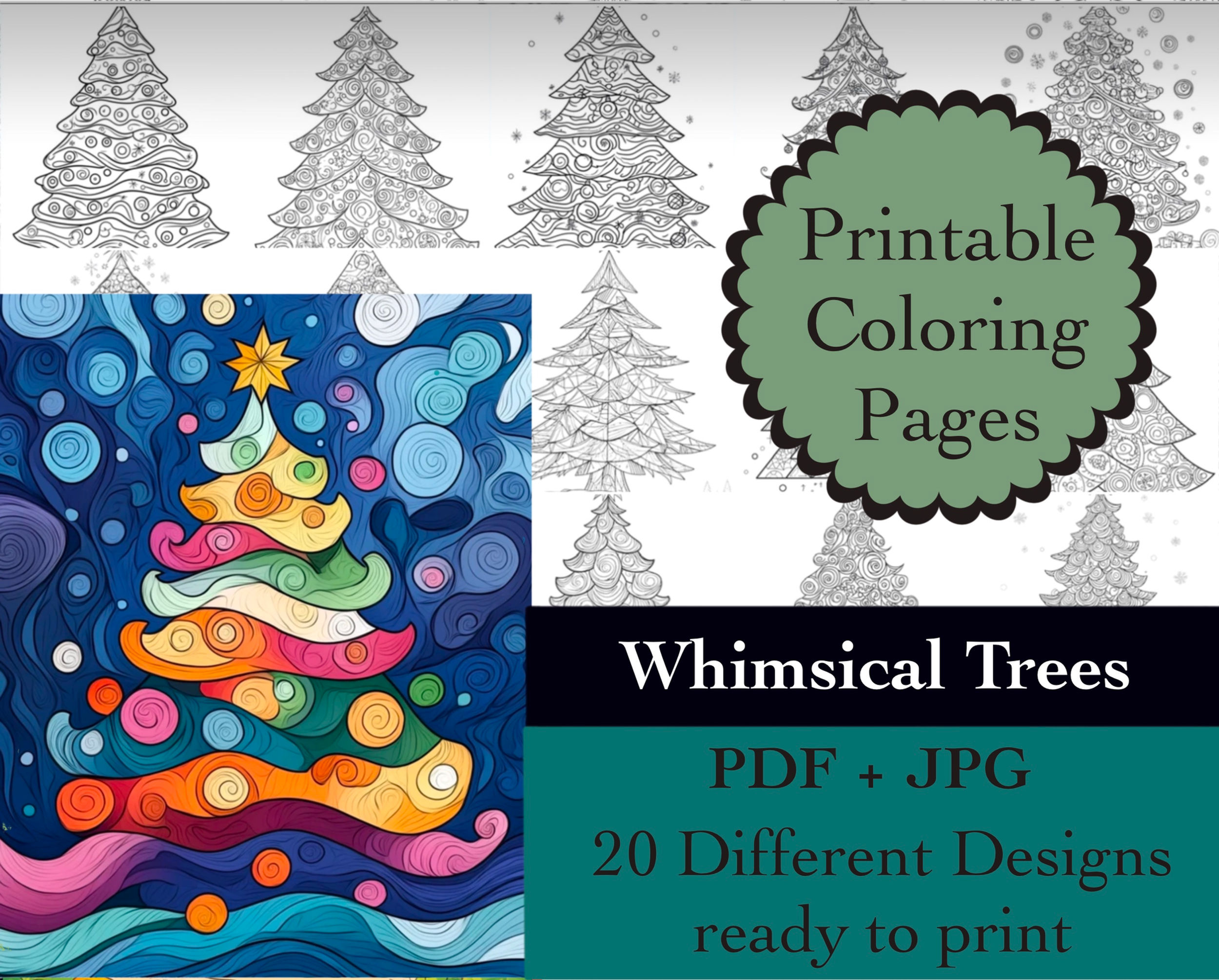 Whimsical Trees Coloring Book 20 Pages Instant Download