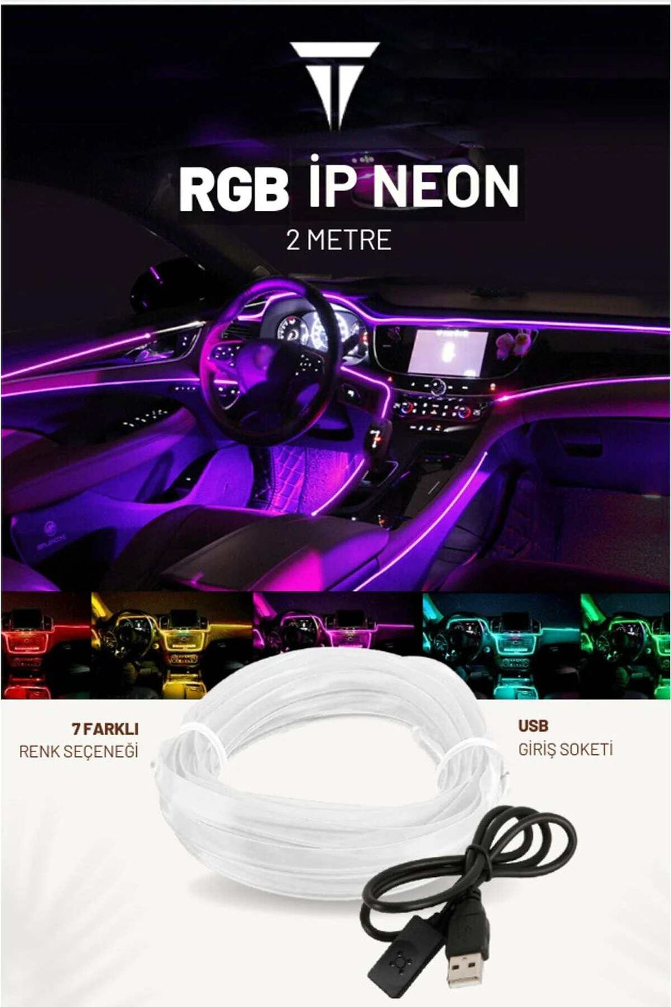 Küçük resim: Rgb Araç Içi Atmosfer Ambiyans Ip Neon Torpido Led 2 Metre Usb Girişli