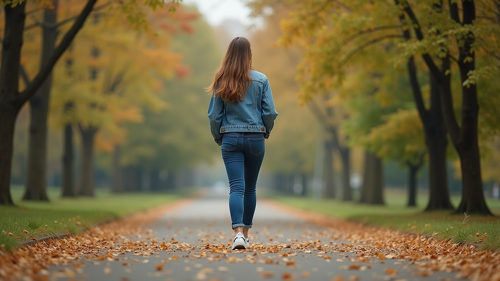 Eye-level view of a stylish mom wearing a denim jacket and sneakers walking in a park