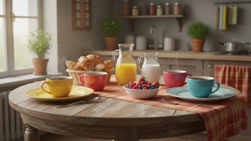 Eye-level view of a cozy kitchen table set for breakfast with colorful plates and cups