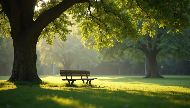 Eye-level view of a quiet park bench under a large tree