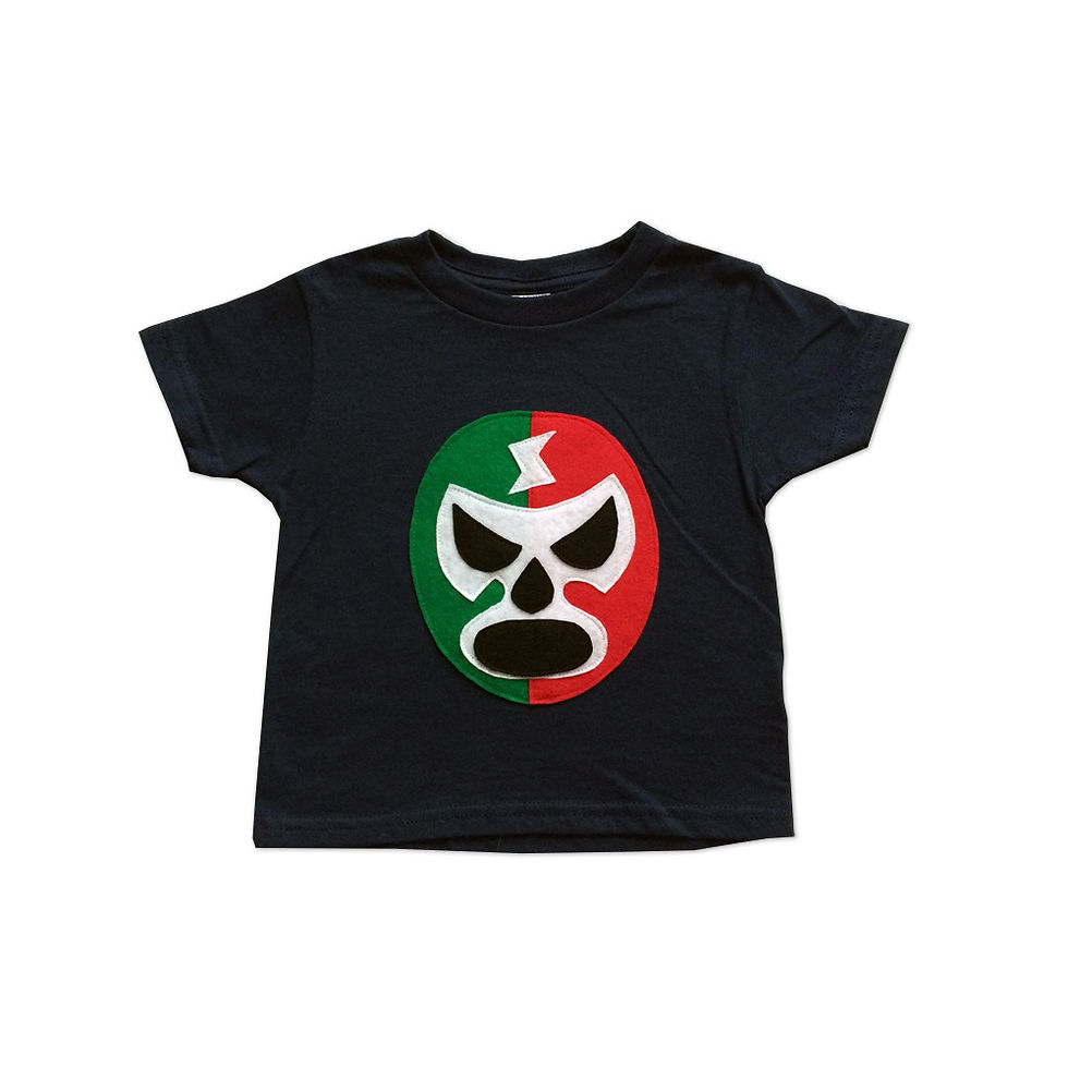 Black kid's luchador t-shirt with red and green mask
