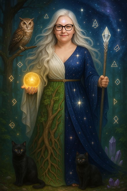 Femme représentant Raphaëlle sous un Ciel étoilé pastel symbolisant la reliance universelle et l’unité spirituelle.