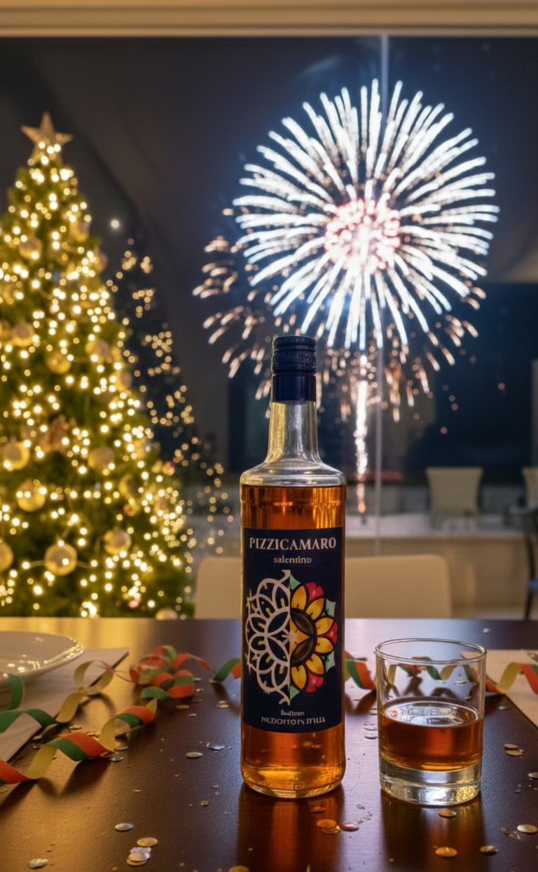 Pizzicamaro amaro salentino con sfondo di fuochi d'artificio e albero di natale