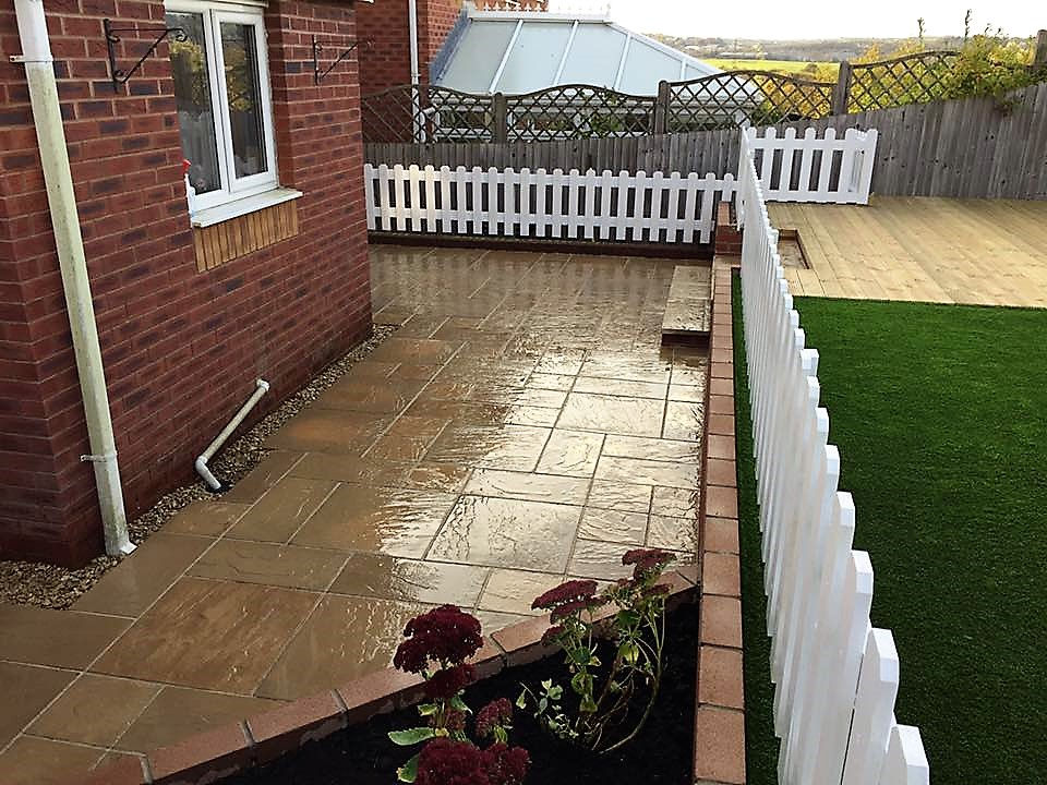 Thumbnail: Patio in riven buff / sandstone.  Laid using our 3 size pattern