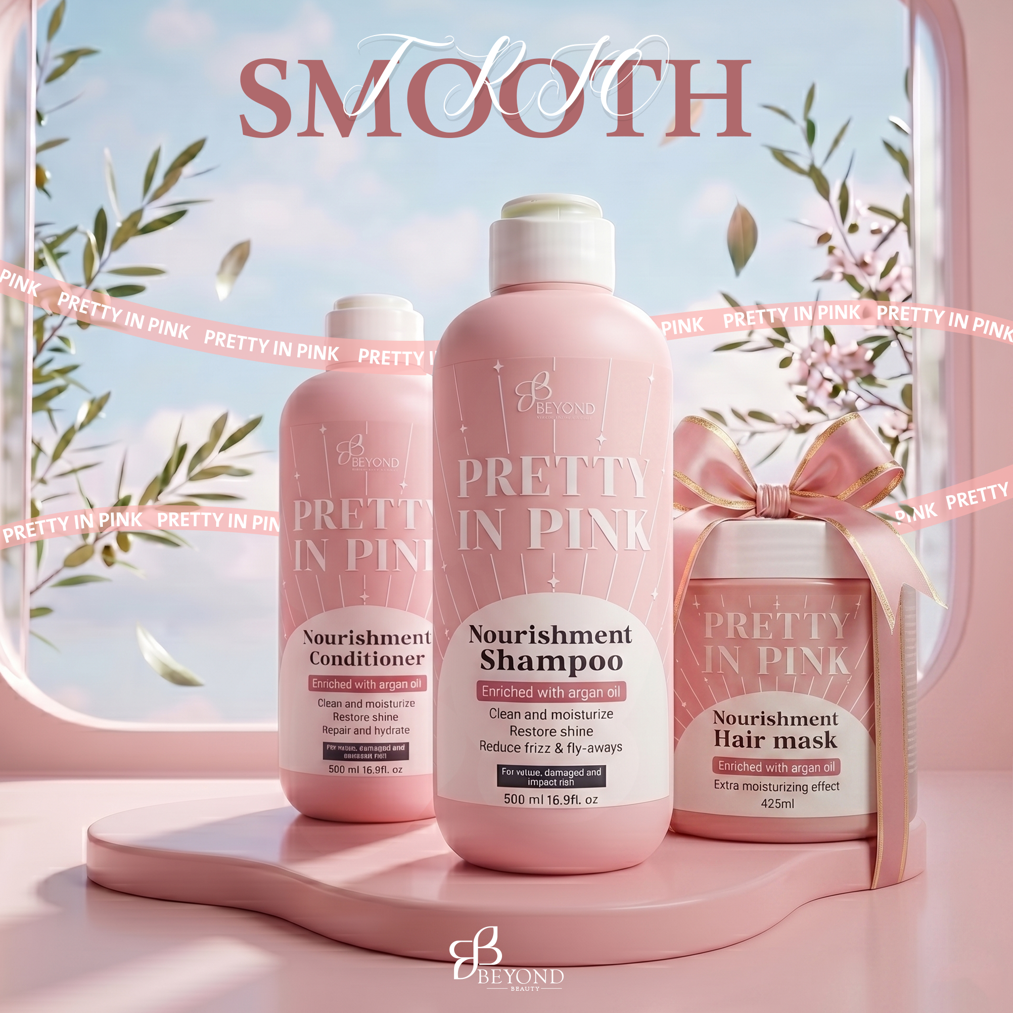 ثلاثي العناية والترطيب Pretty in pink (شامبو + بلسم + حمام كريم)