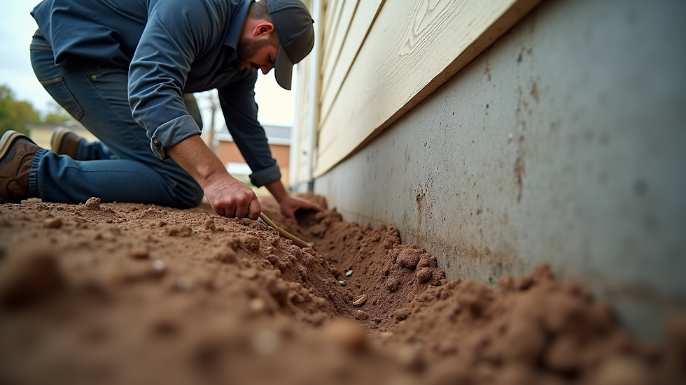 Eye-level view of a foundation repair crew inspecting a residential home foundation