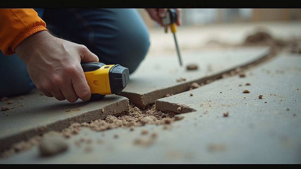 Close-up view of foundation crack being measured by a technician