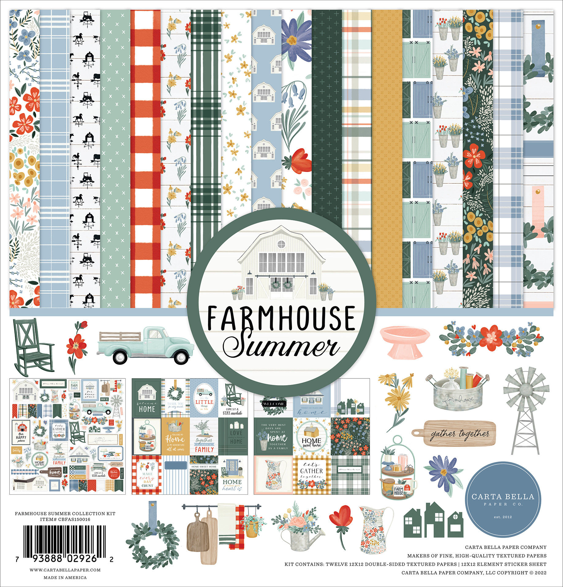Kit de 12 Papéis + Adesivos - Coleção Farmhouse Summer - Carta Bella